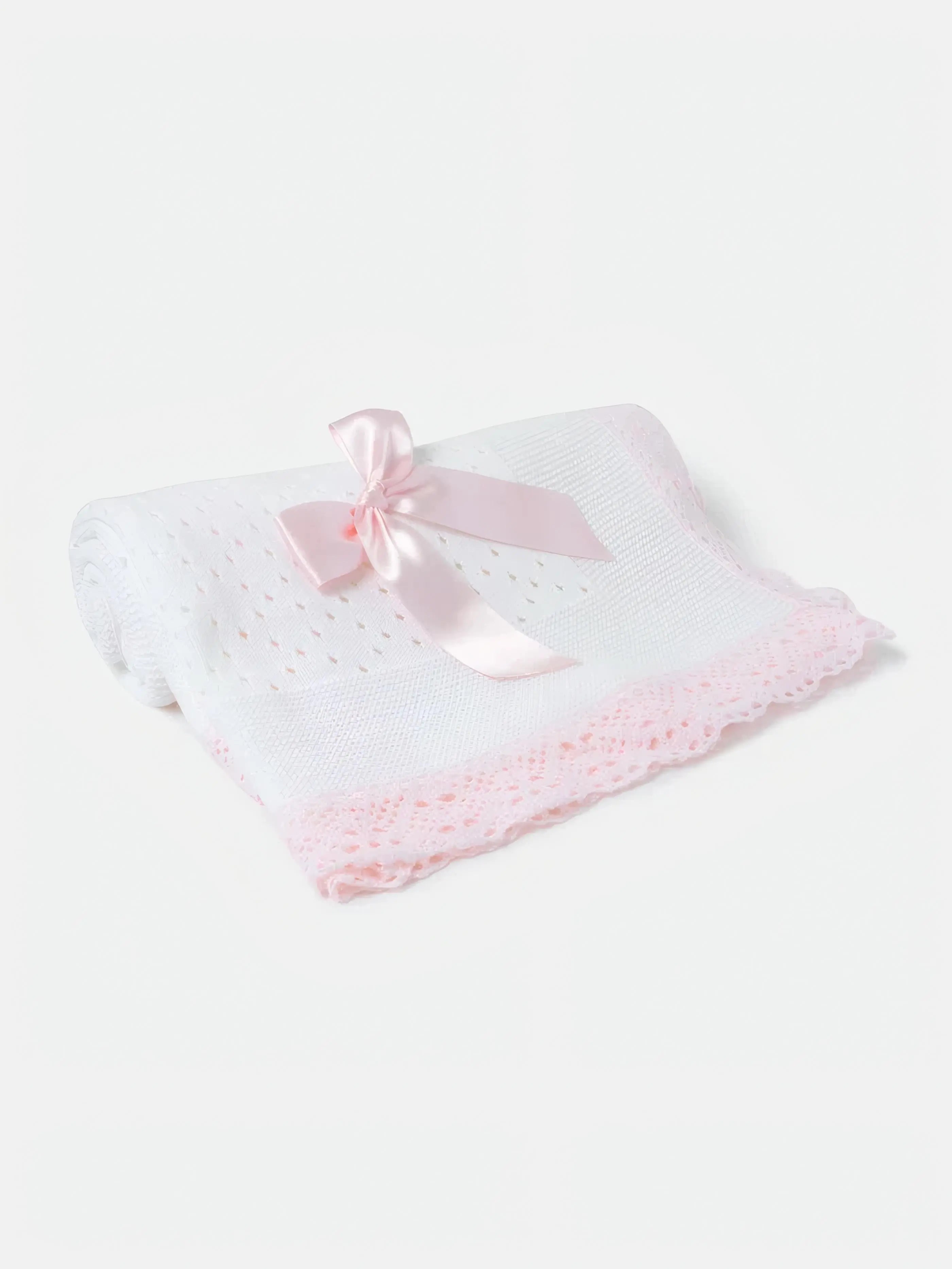 AW26 Baby Open Dot Knitted Spanish Blanket with Bow - White & Baby Pink Dainty Delilah