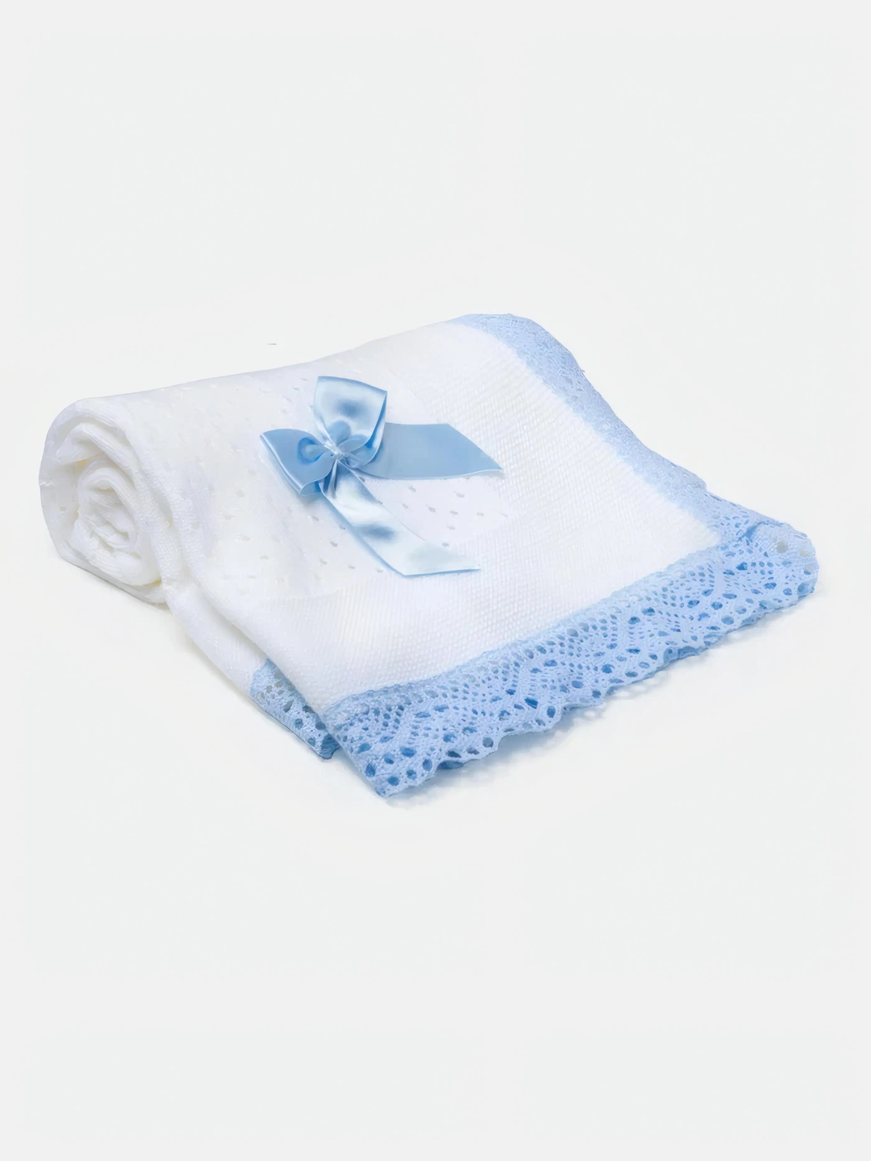 AW26 Baby Open Dot Knitted Spanish Blanket with Bow - White & Baby Blue Dainty Delilah
