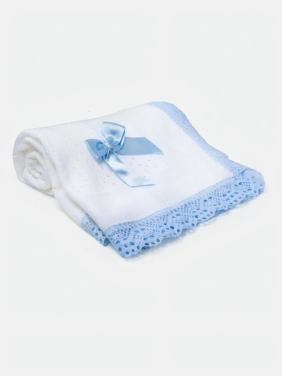 AW26 Baby Open Dot Knitted Spanish Blanket with Bow - White & Baby Blue, One Size, featuring delicate baby blue crochet lace edging and satin bow.