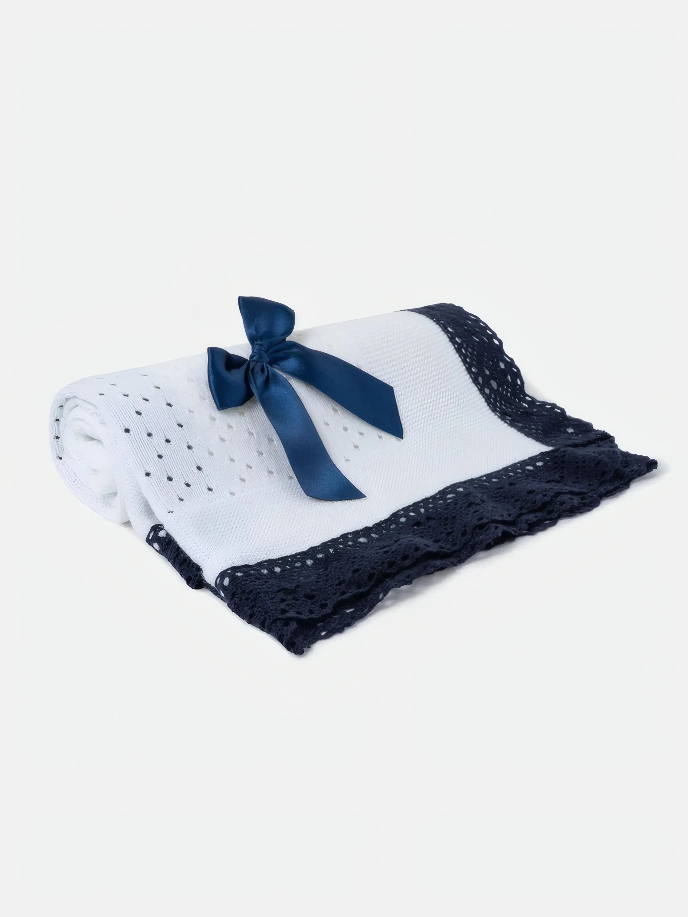 AW26 Baby Open Dot Knitted Spanish Blanket with Bow - White & Navy Blue Dainty Delilah