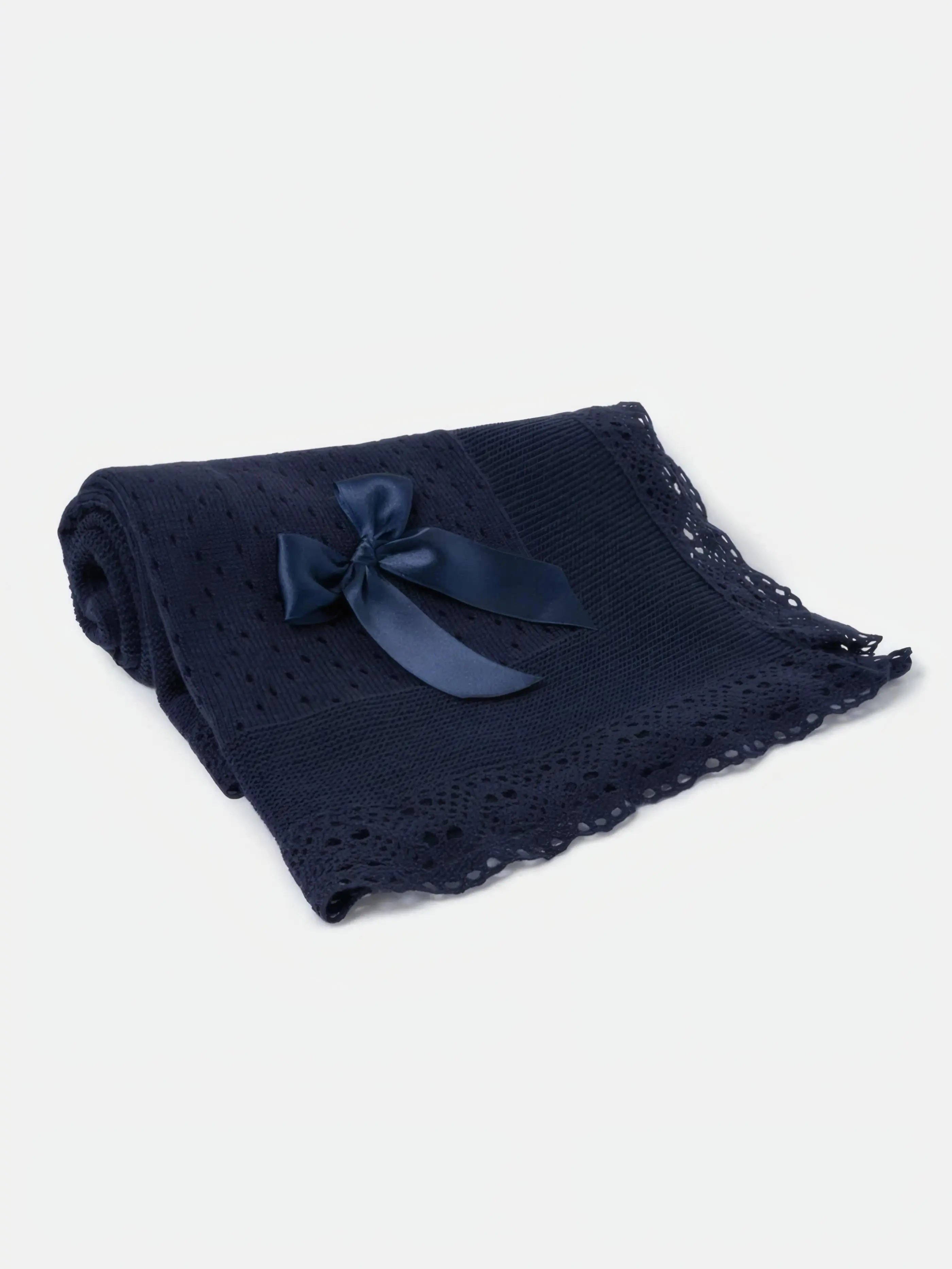 AW26 Baby Open Dot Knitted Spanish Blanket with Bow - Navy Blue Dainty Delilah