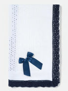 AW26 Baby Open Dot Knitted Spanish Blanket with Bow - White & Navy Blue Dainty Delilah