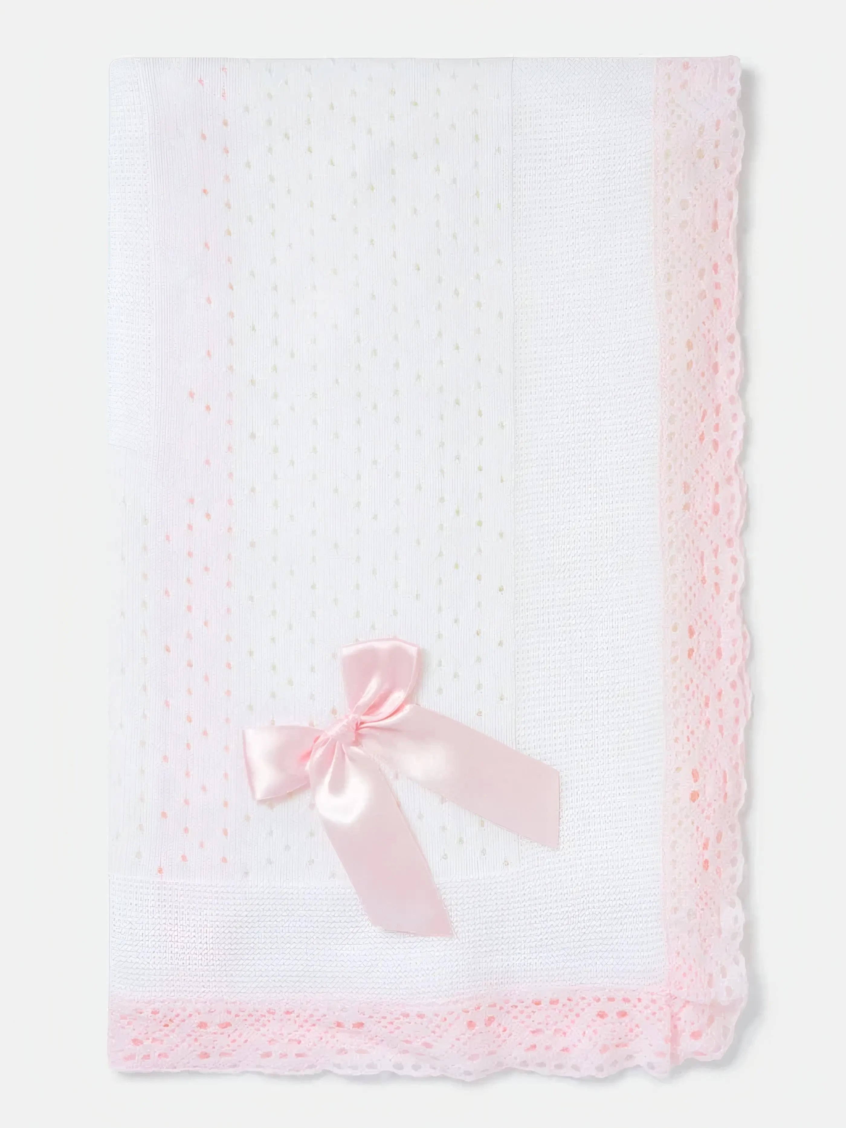 AW26 Baby Open Dot Knitted Spanish Blanket with Bow - White & Baby Pink Dainty Delilah