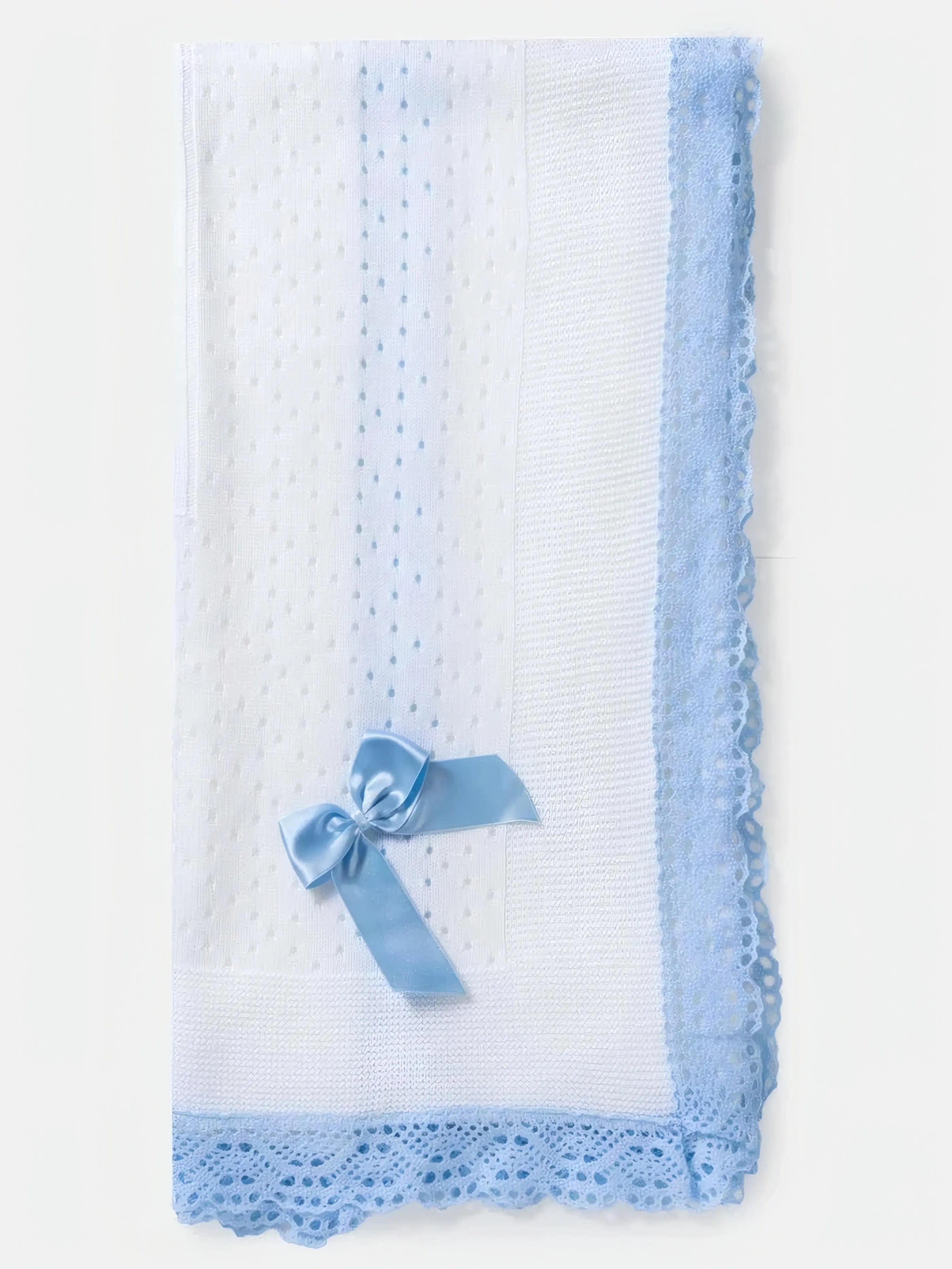 AW26 Baby Open Dot Knitted Spanish Blanket with Bow - White & Baby Blue Dainty Delilah
