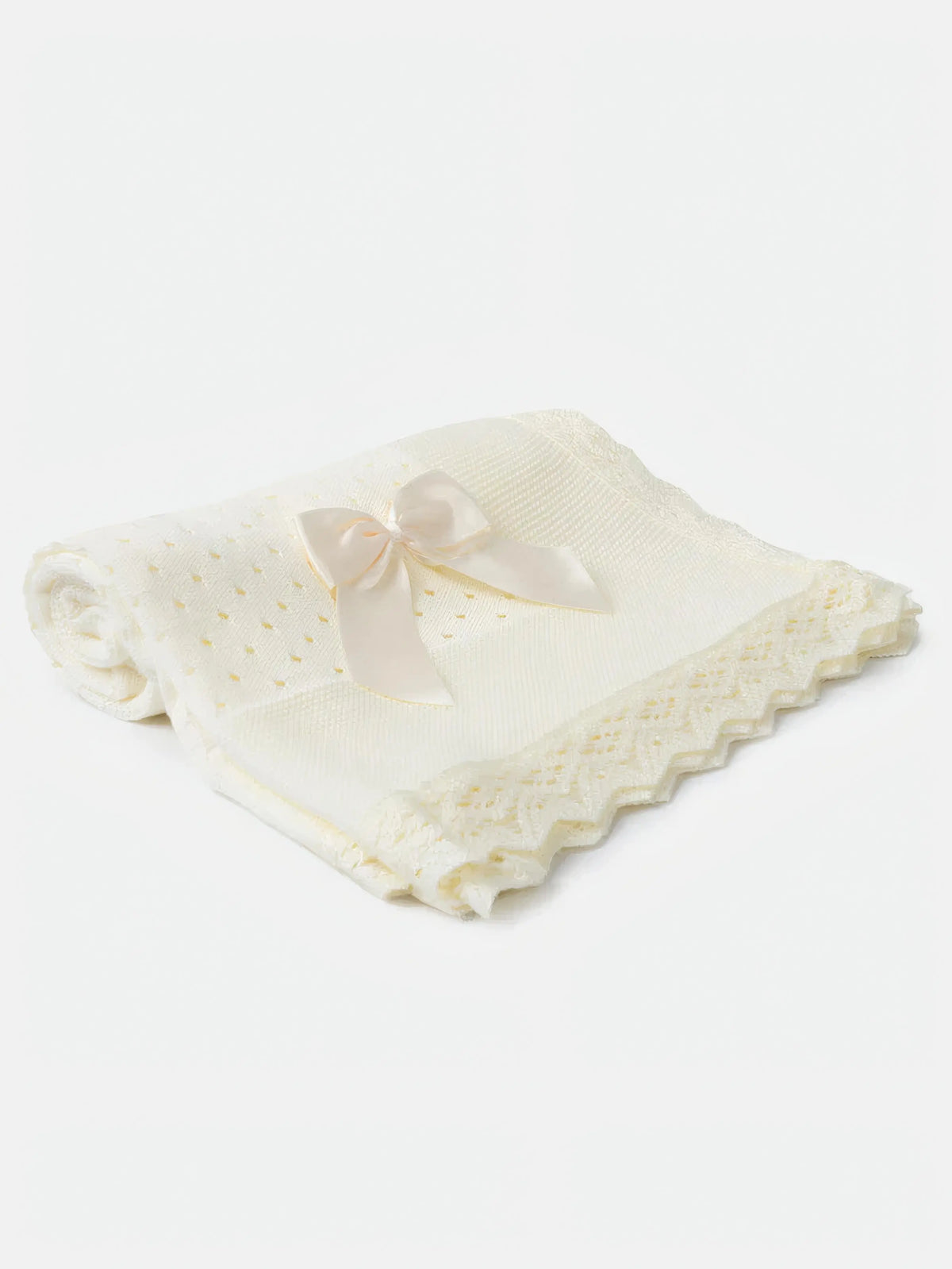 AW26 Baby Open Dot Knitted Spanish Blanket with Bow in ivory, featuring crochet lace edging and satin bow. One size available.