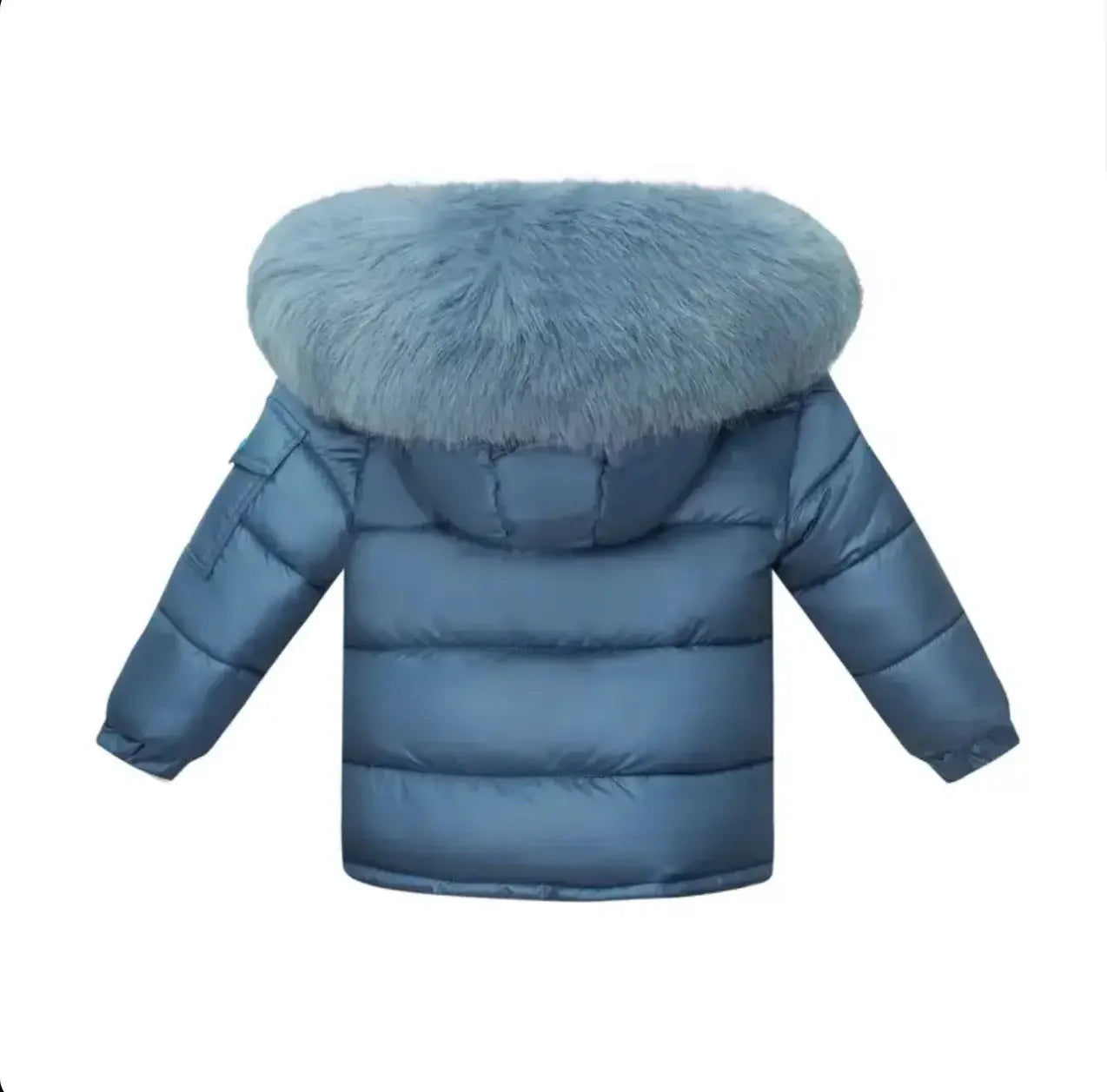 Blue puffer winter jacket with large fluffy fur hood seen from the back