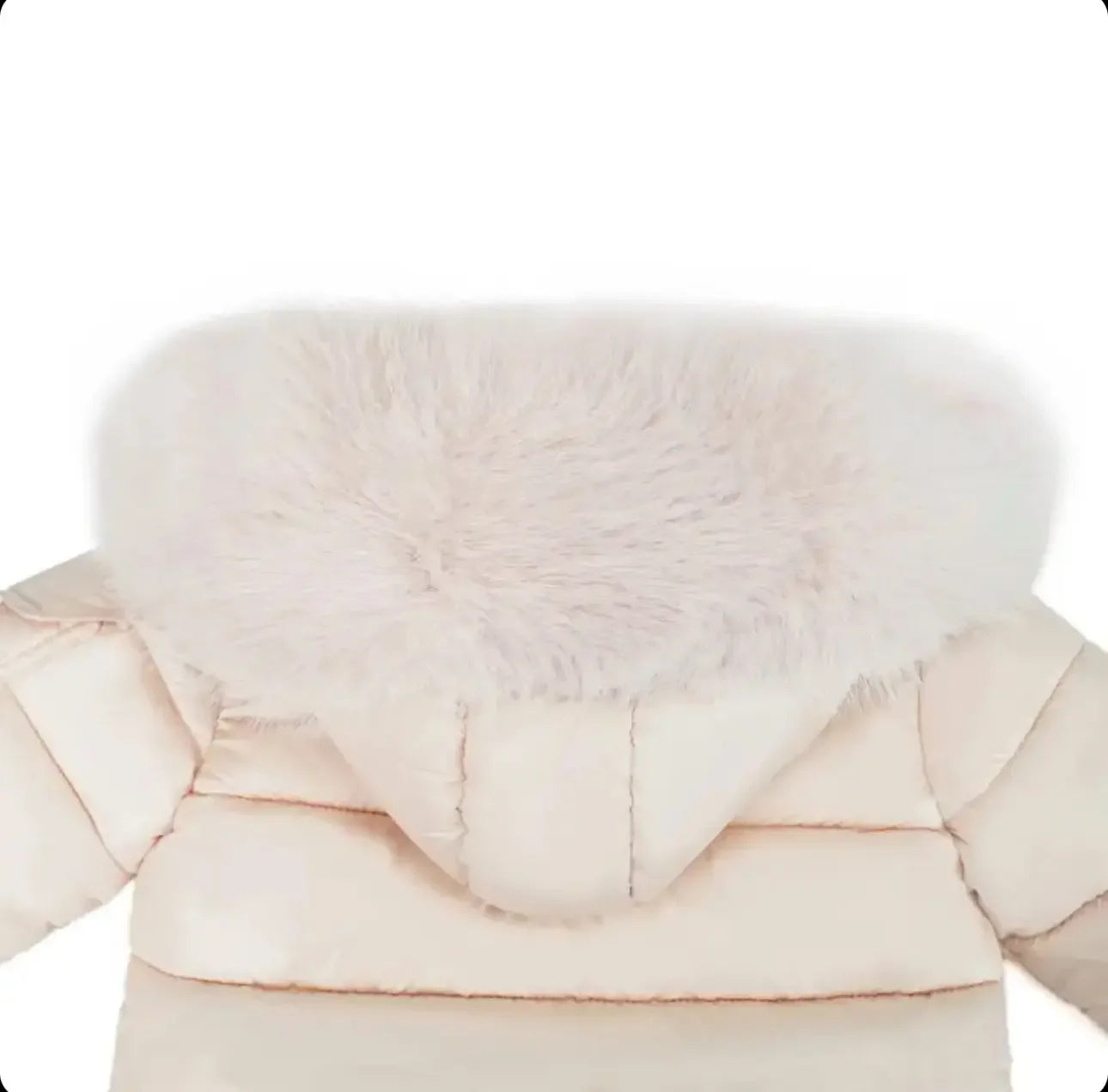 Cream-colored puffer jacket with large fluffy fur hood, back view