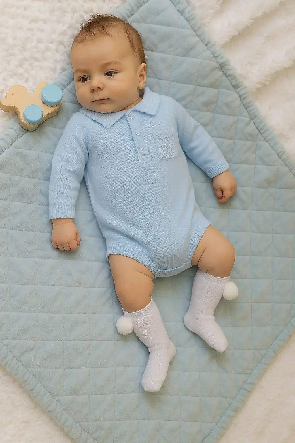 Baby in blue knit onesie and white socks lying on a light blue quilted blanket with wooden toy