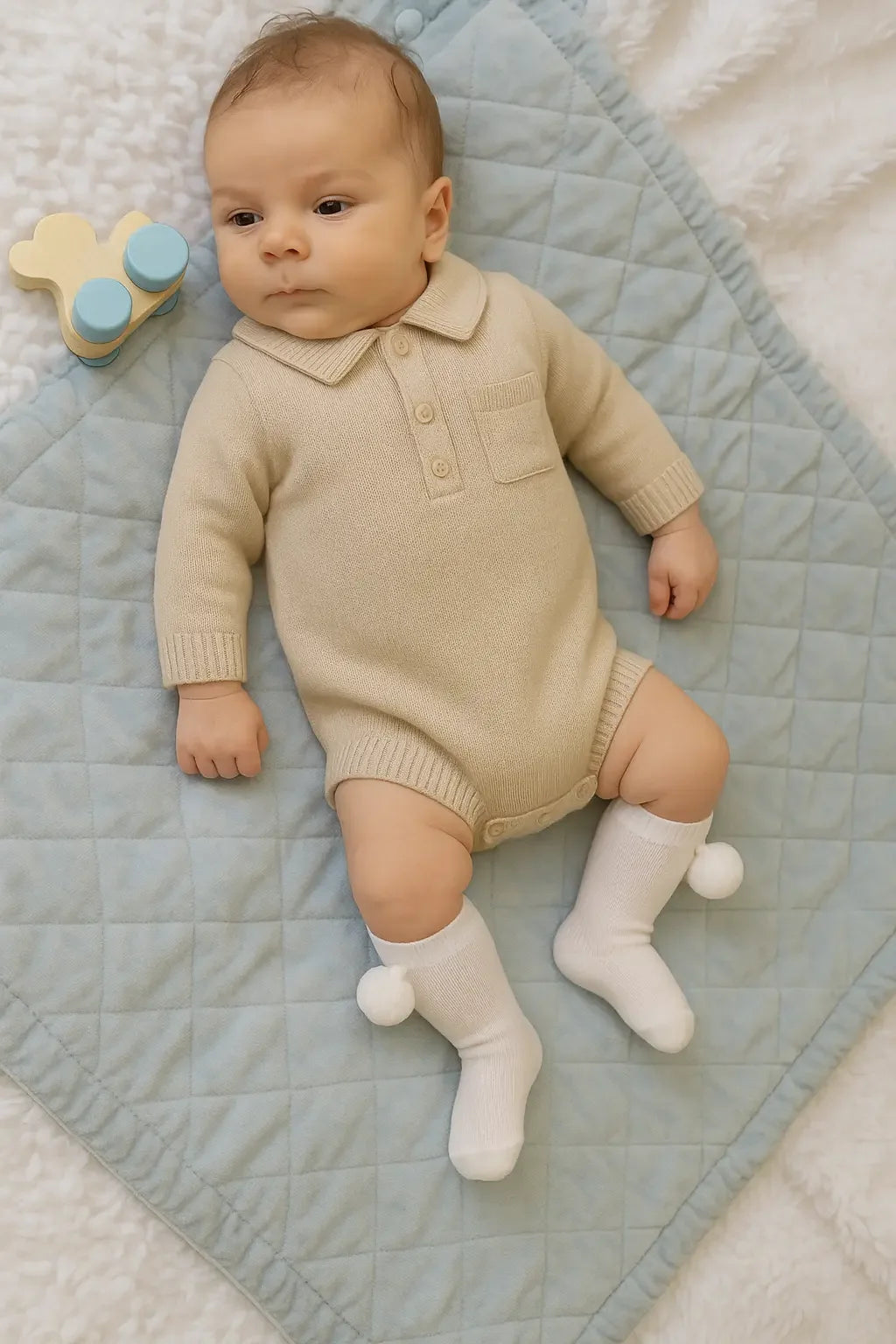 Baby in beige knitted romper and white socks with pom-poms lying on quilted blue blanket with wooden toy