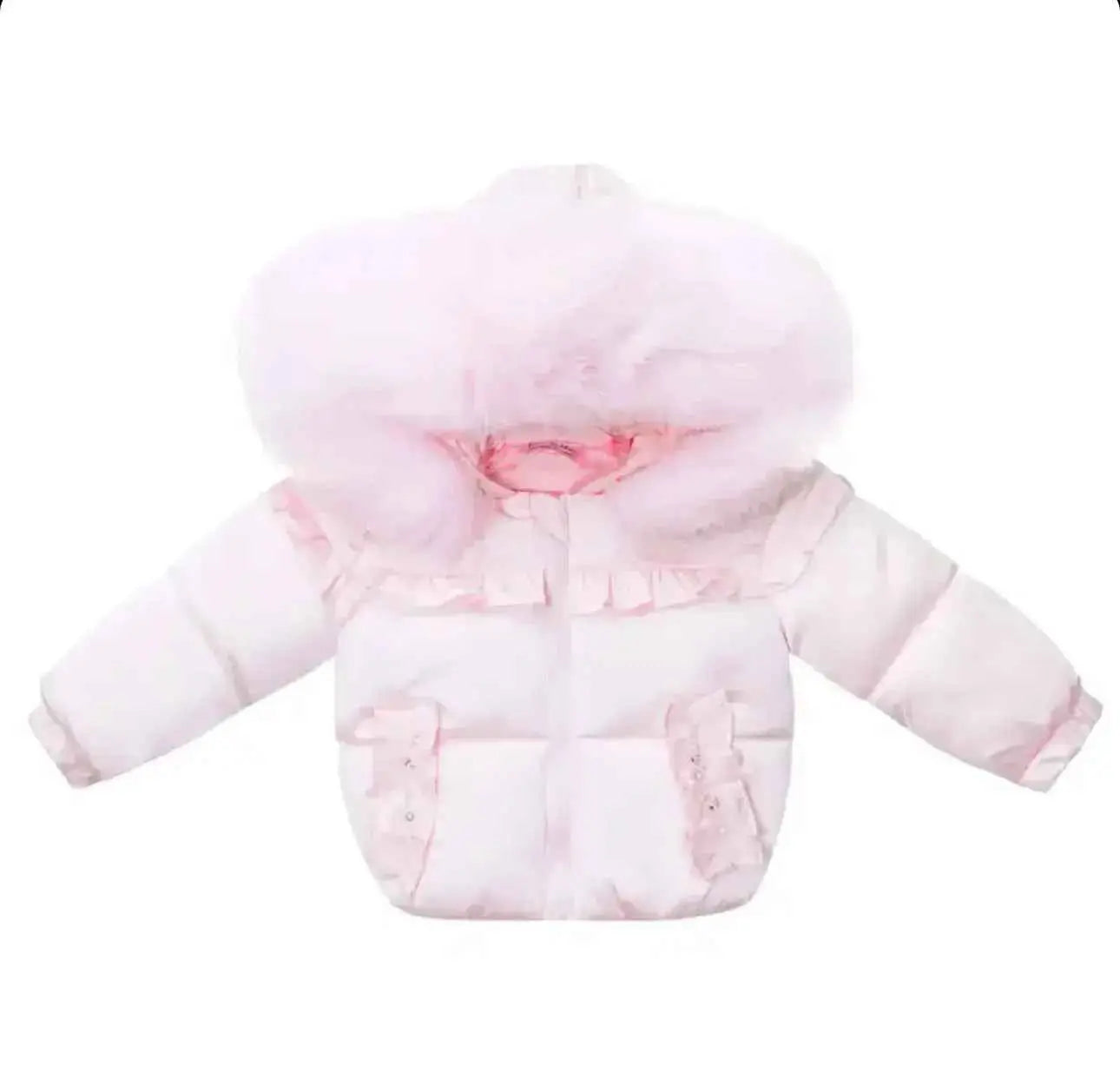 Pink Crystal Fur Hooded Puffa Coat