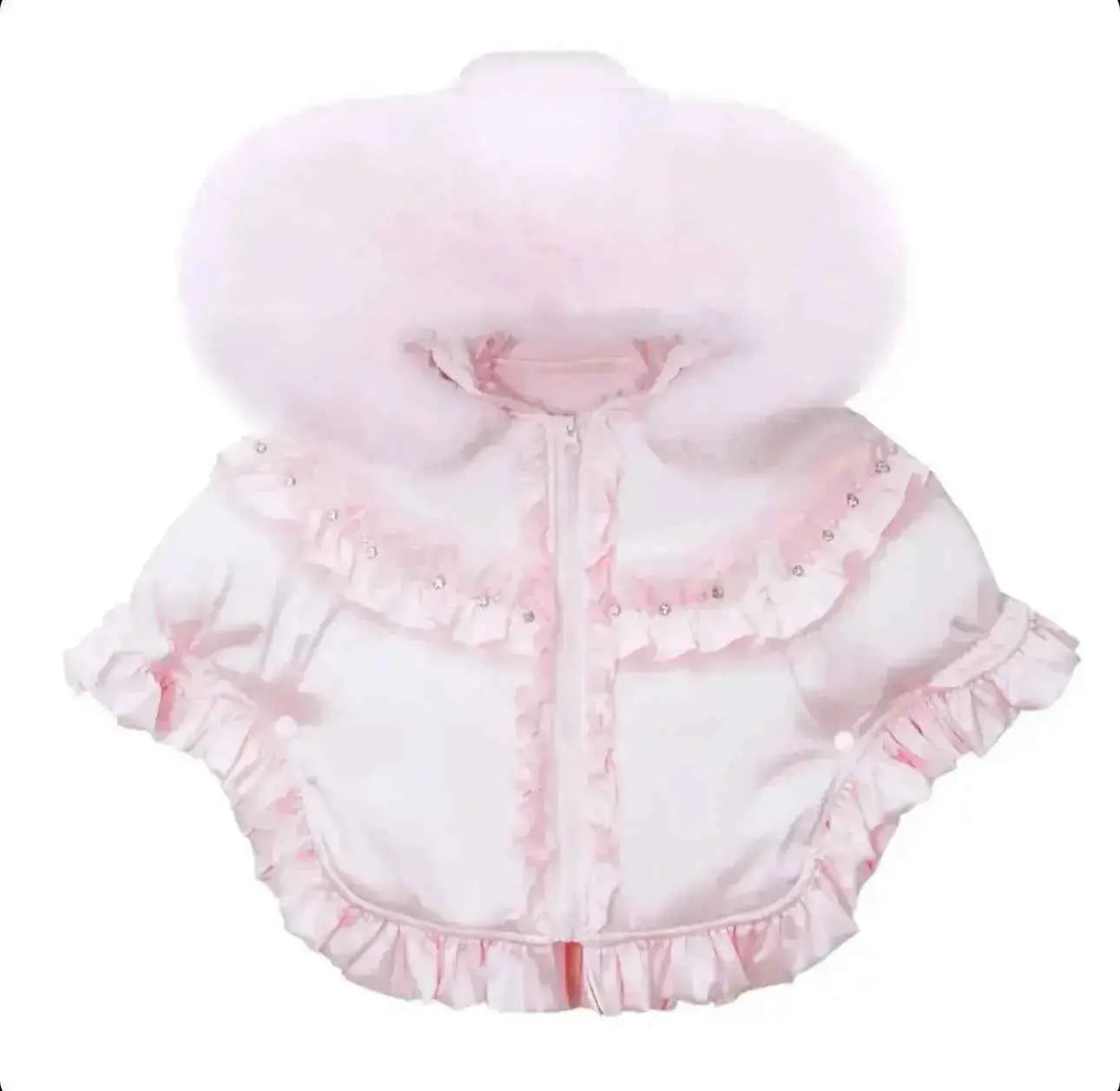 Pink Crystal Tulle Fur Hooded Cape
