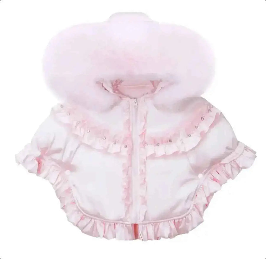 Pink Crystal Tulle Fur Hooded Cape  
AW26 design featuring a pink color, fur hood, and ruffled edges. Available in sizes S (6-18m), M (18-36m), L (36-5y).