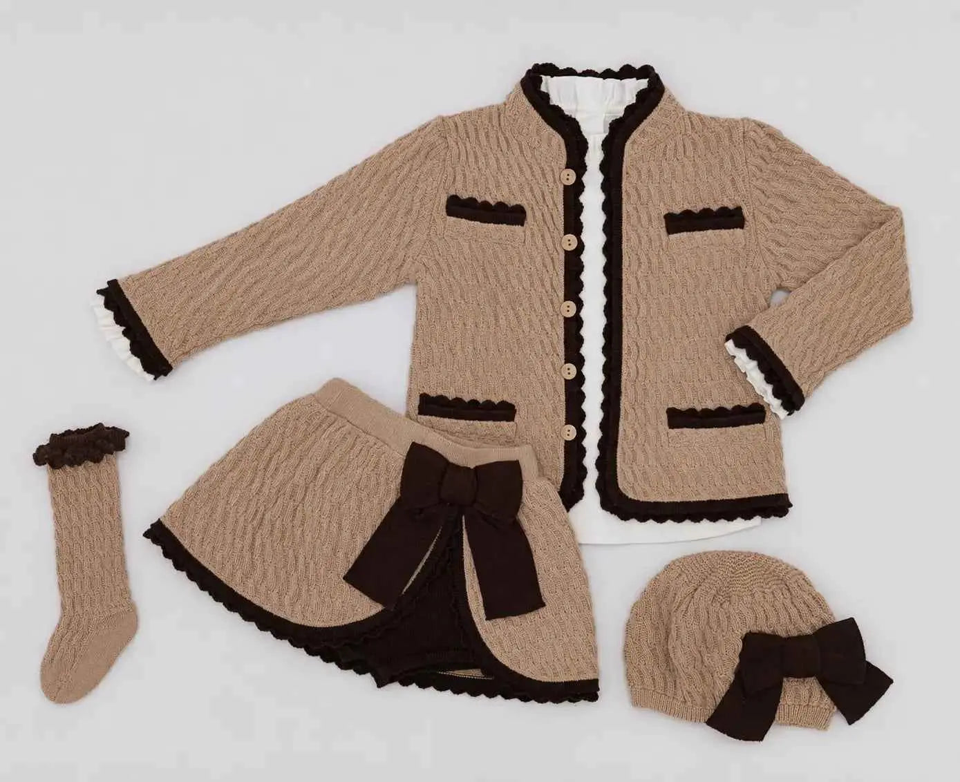 Rahigo AW26 Camel & Brown Knit Skirt Set with Cardigan, Beret & Socks
