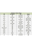 Children's shoe size conversion chart between UK, European, US, and Japan sizes in a clear table format