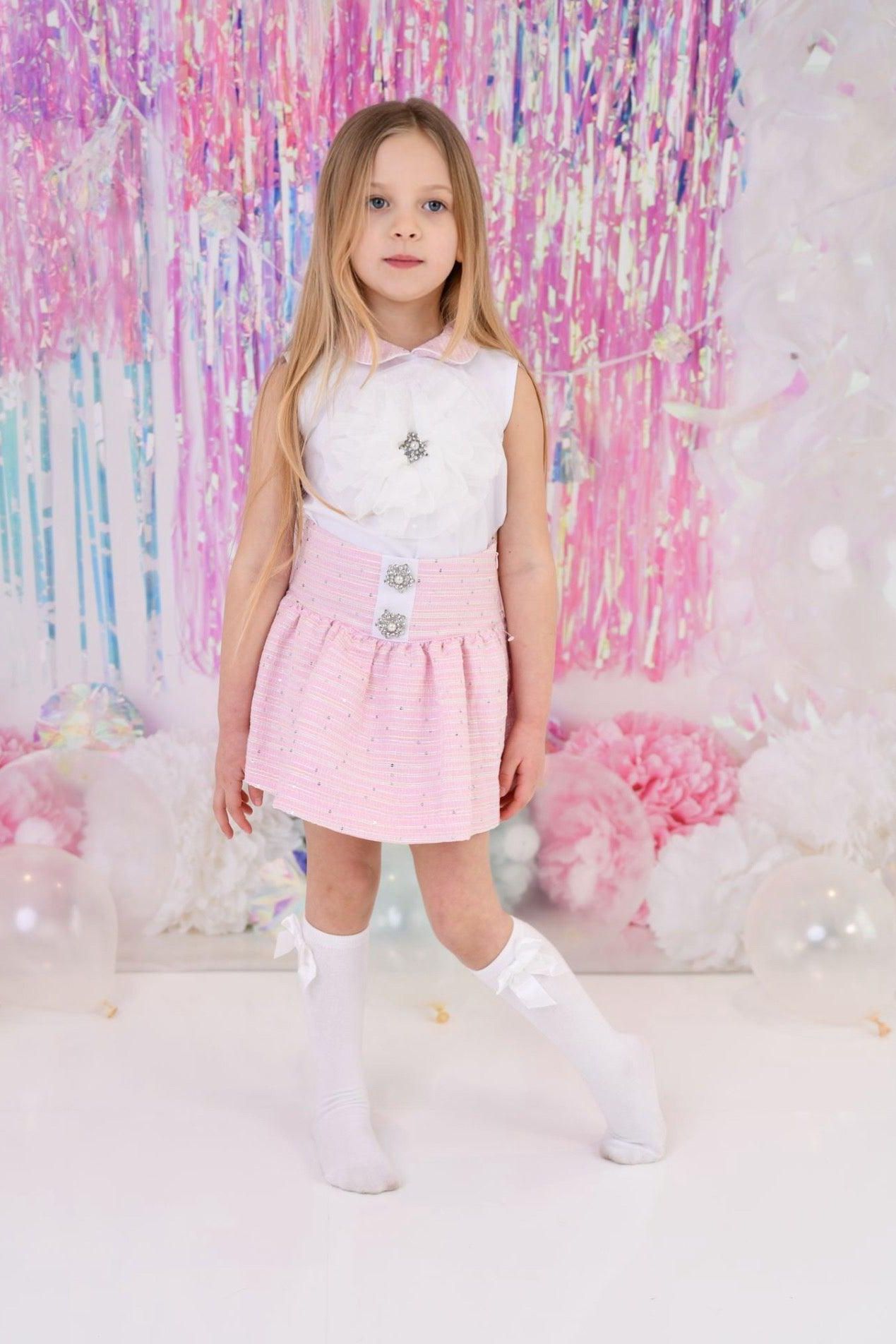 SS24 Naxos Girls Pink Chanel Flower Skirt Set Dainty Delilah 