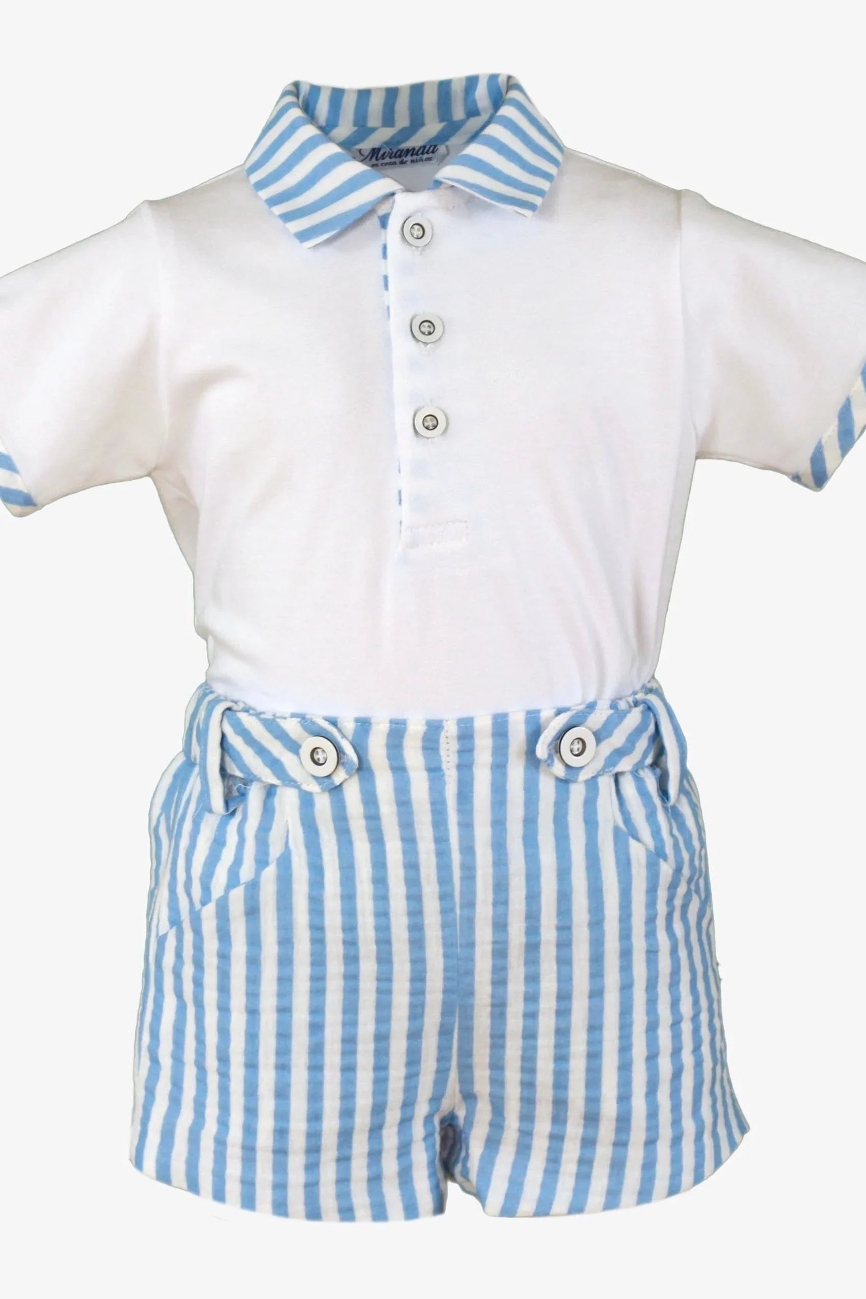 Baby boys white polo shirt with blue striped collar and cuffs, paired with blue and white striped shorts