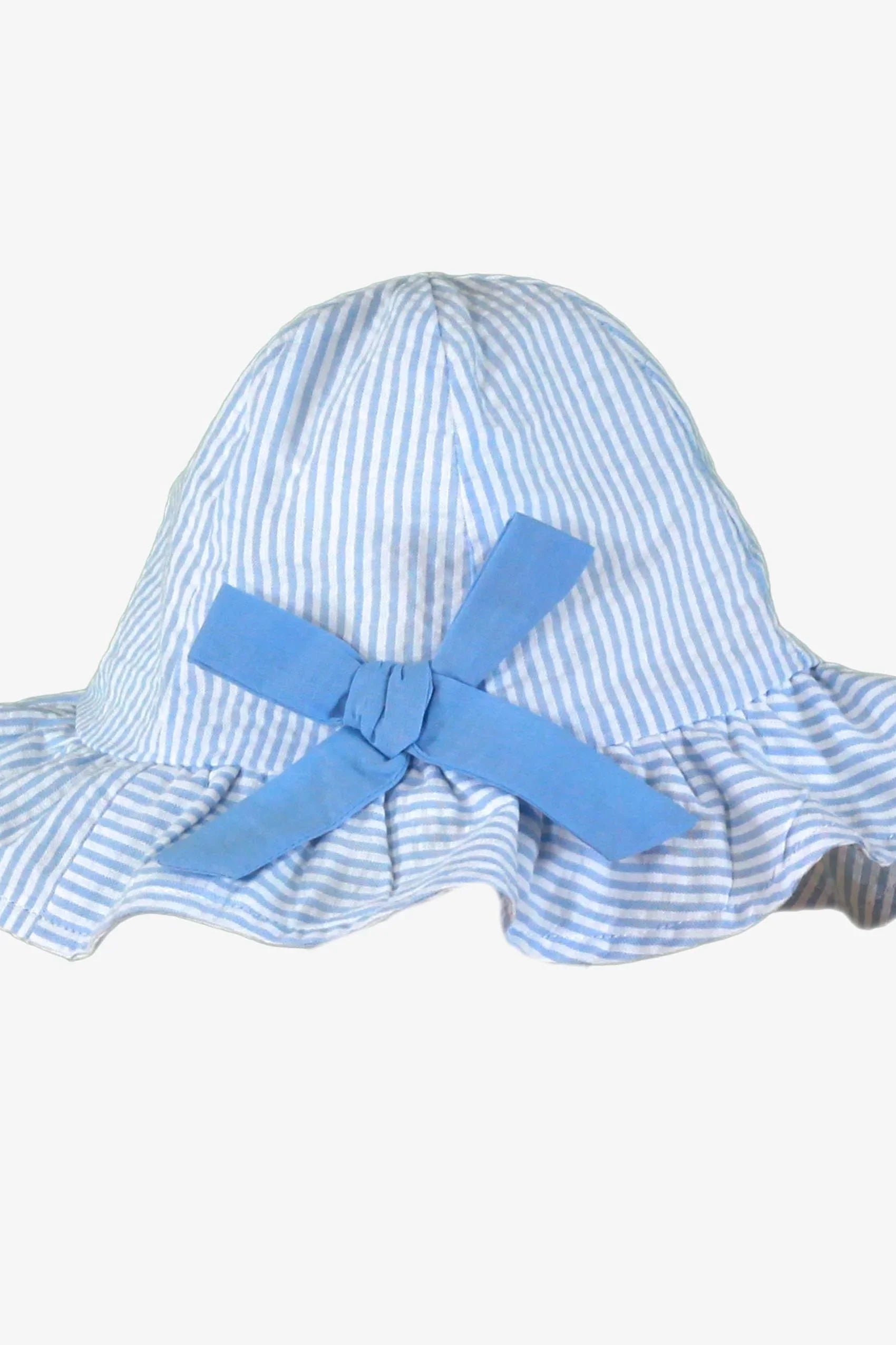 baby girl's blue and white striped sun hat with light blue bow and ruffled brim