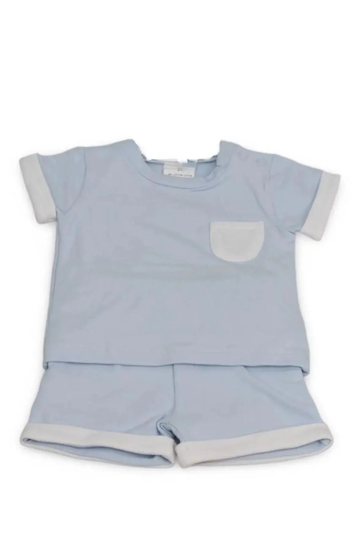 Light blue baby short sleeve shirt and shorts set with white trim and front pocket