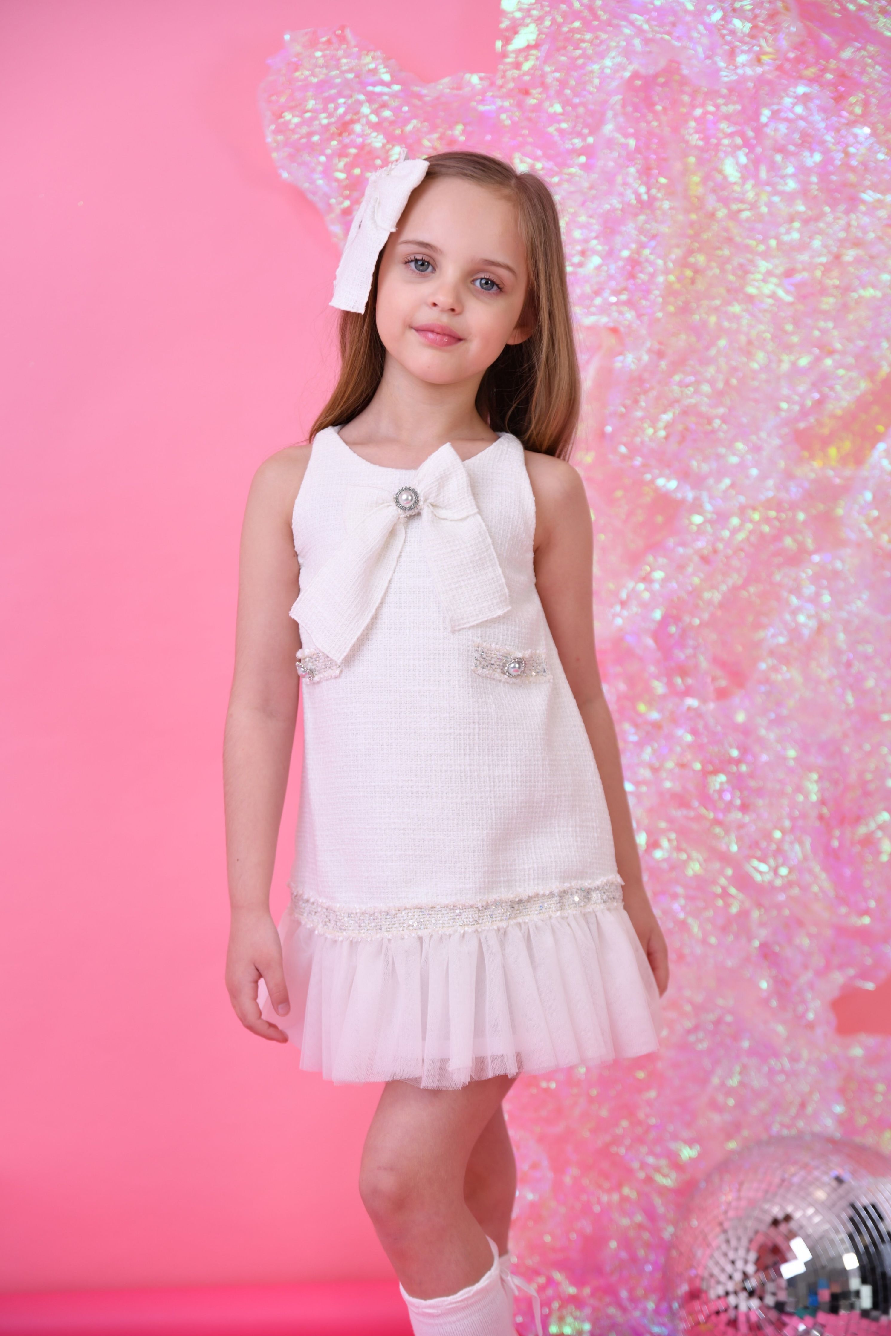 SS25 Naxos Girls Cream Chanel Tulle Dress Dainty Delilah
