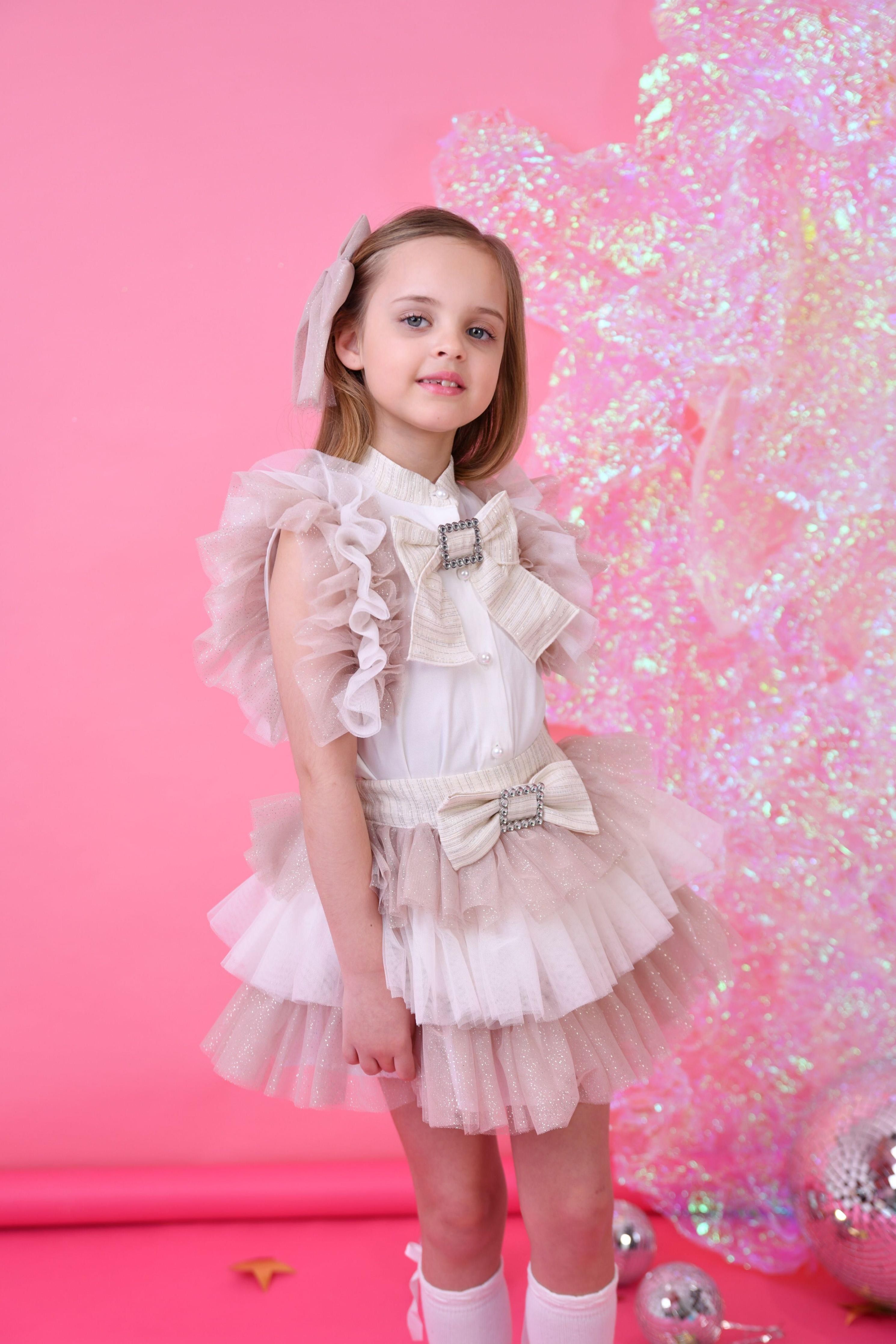 SS25 Naxos Girls Biscuit Glitter Tulle Skirt Set - Dainty Delilah