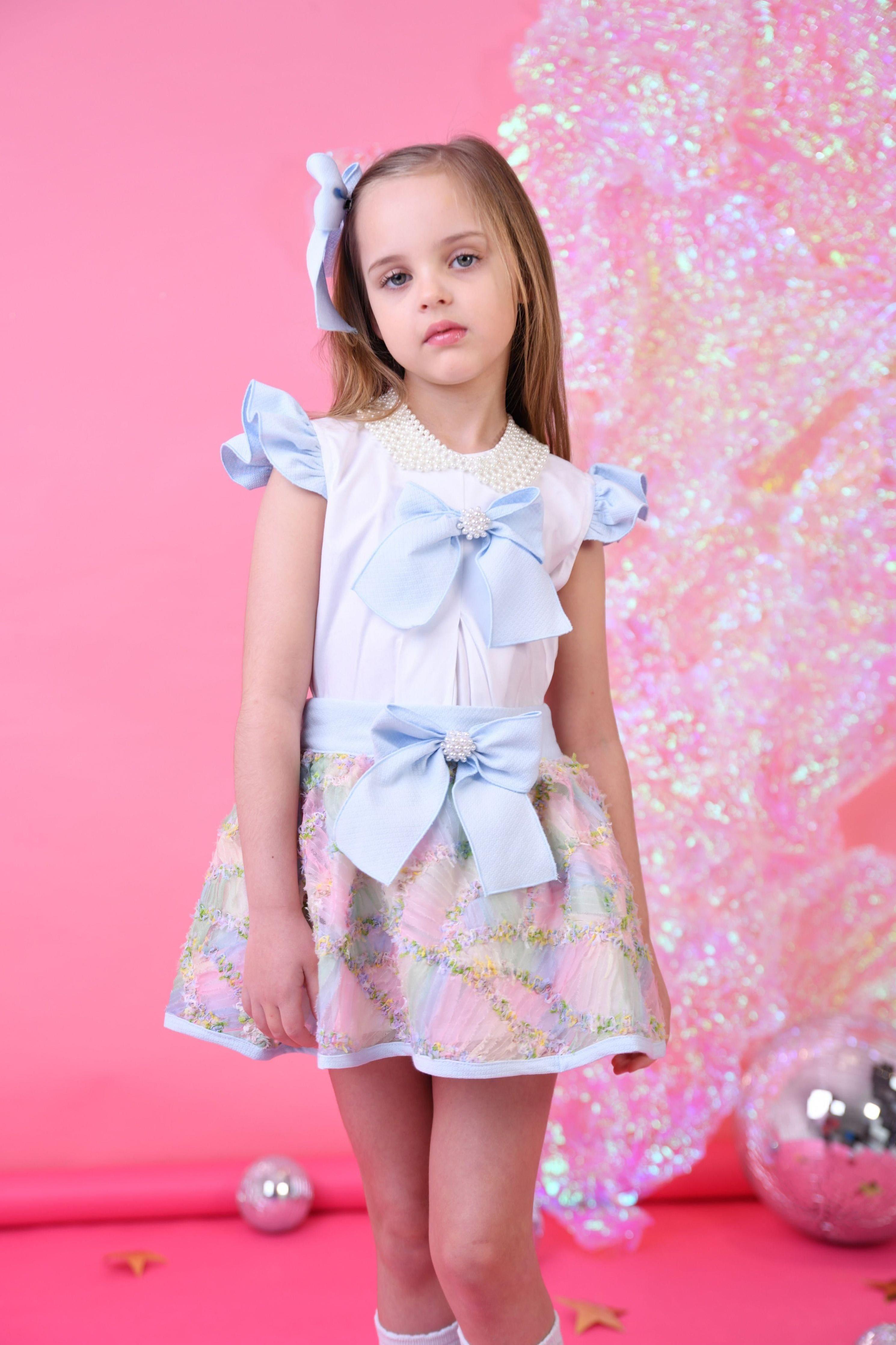 SS25 Naxos Girls Rainbow Tulle Pearl Necklace Skirt Set - Dainty Delilah