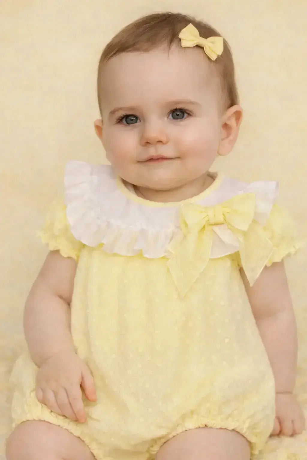 SS26 Baby Girl Lemon Plumetis Romper Dainty Delilah