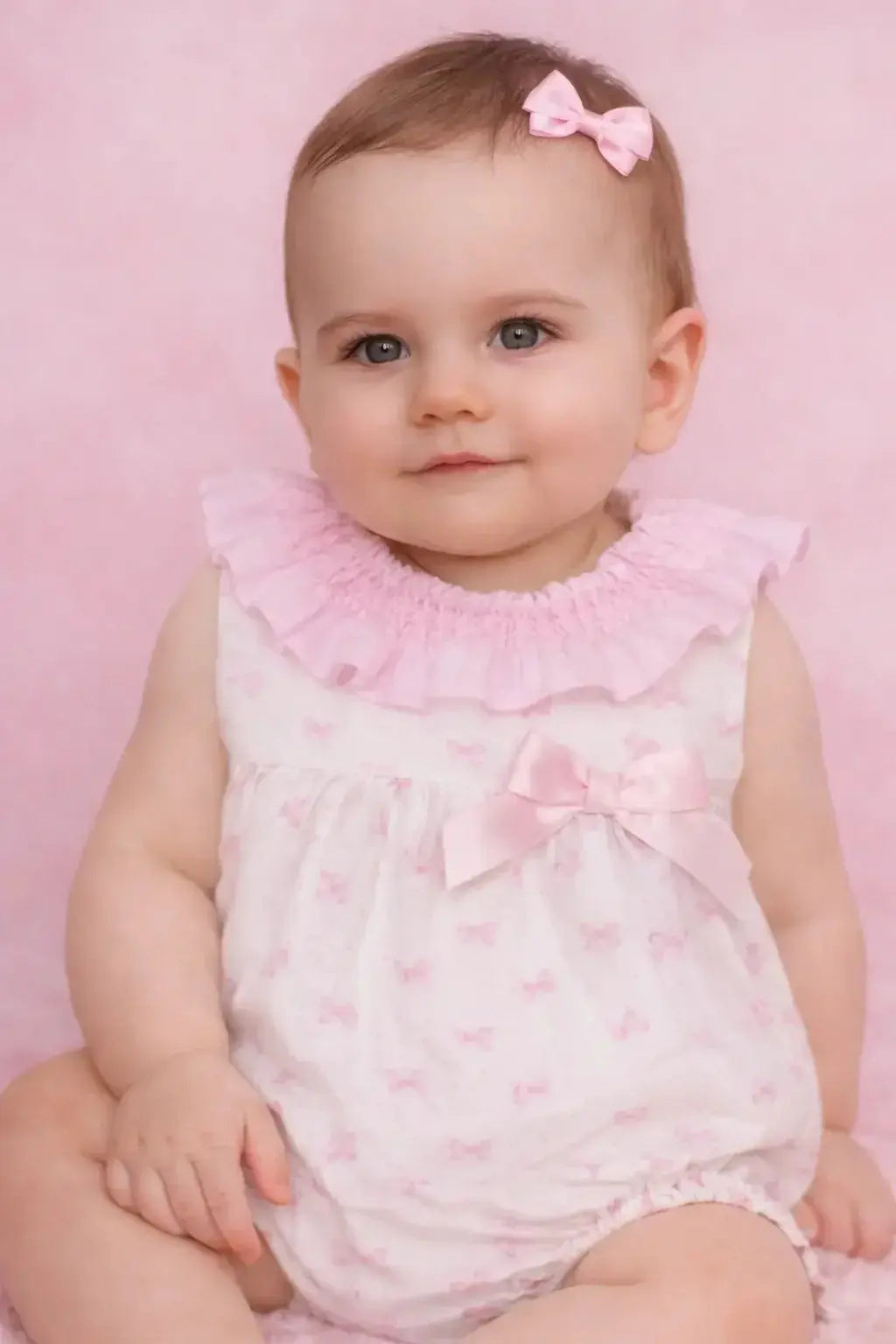 SS26 Baby Girls Pink Bow Smock Romper Dainty Delilah