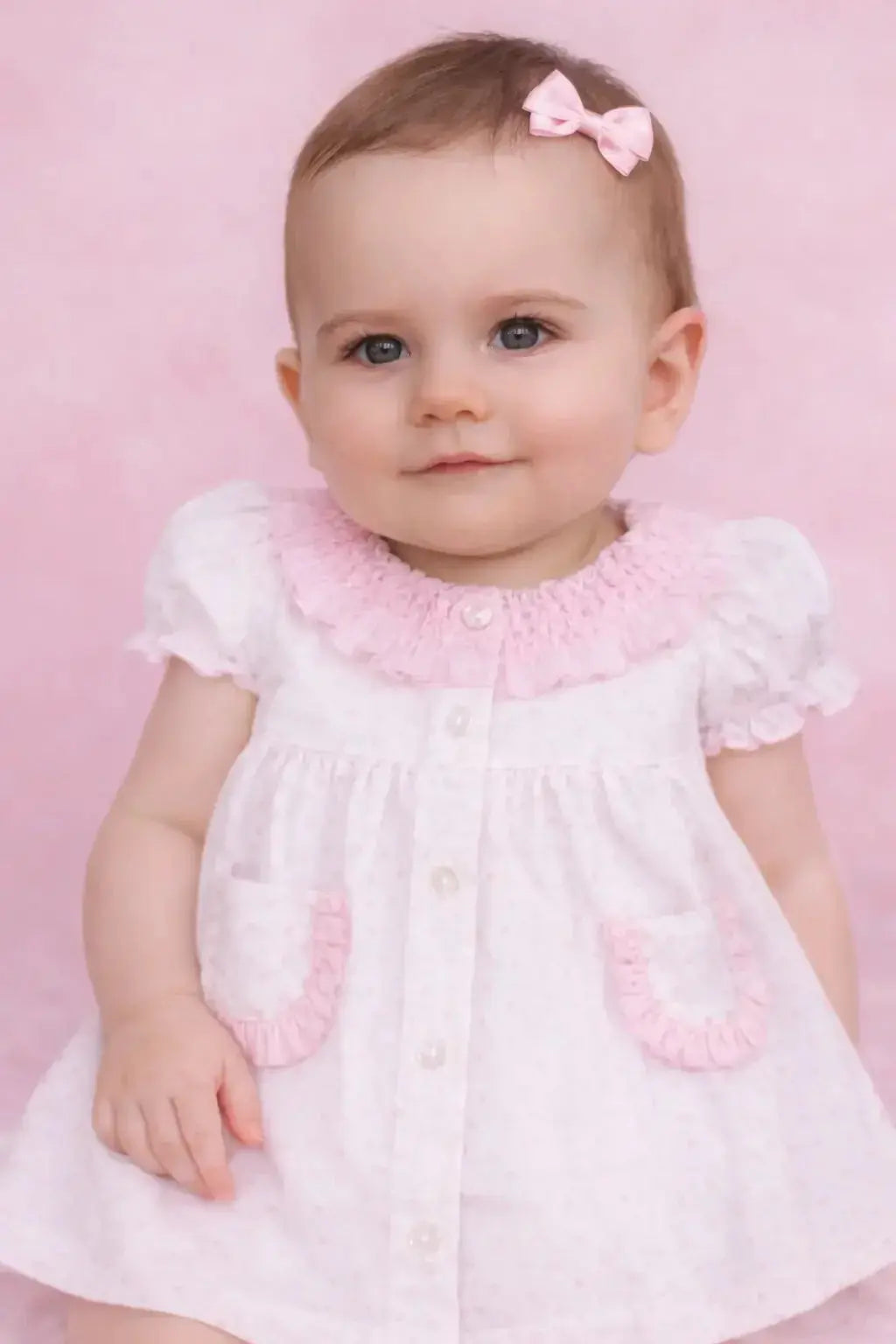 SS26 Baby Girls Pink Spot Smock Dress & Knickers Dainty Delilah