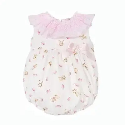 SS26 Baby Girls Pink Teddy Smock Romper Dainty Delilah
