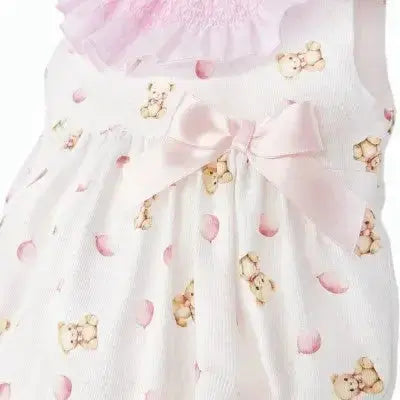 SS26 Baby Girls Pink Teddy Smock Romper Dainty Delilah