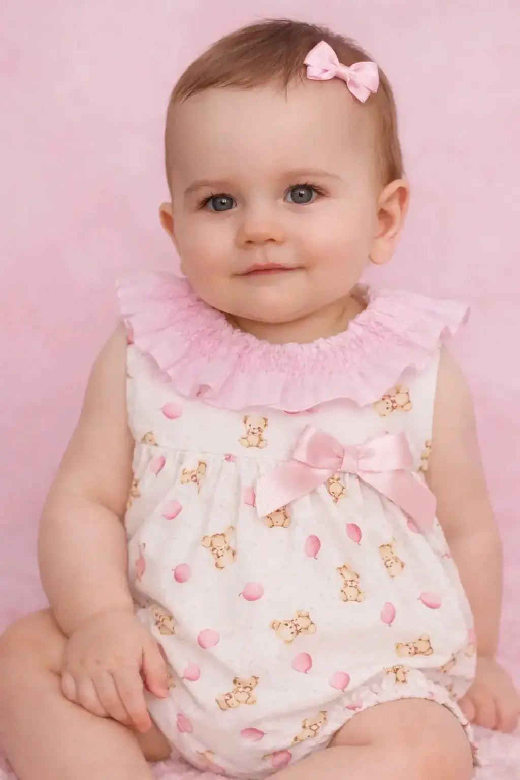 SS26 Baby Girls Pink Teddy Smock Romper Dainty Delilah