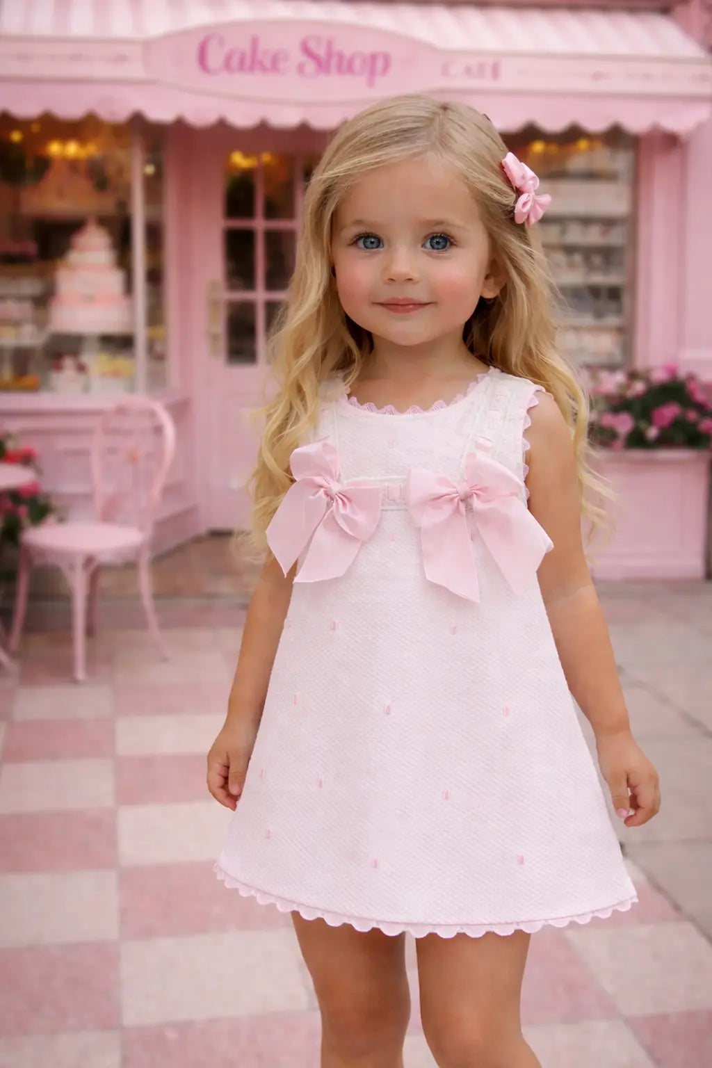 Baby Girls White & Pink Pique A Line Dress Dainty Delilah