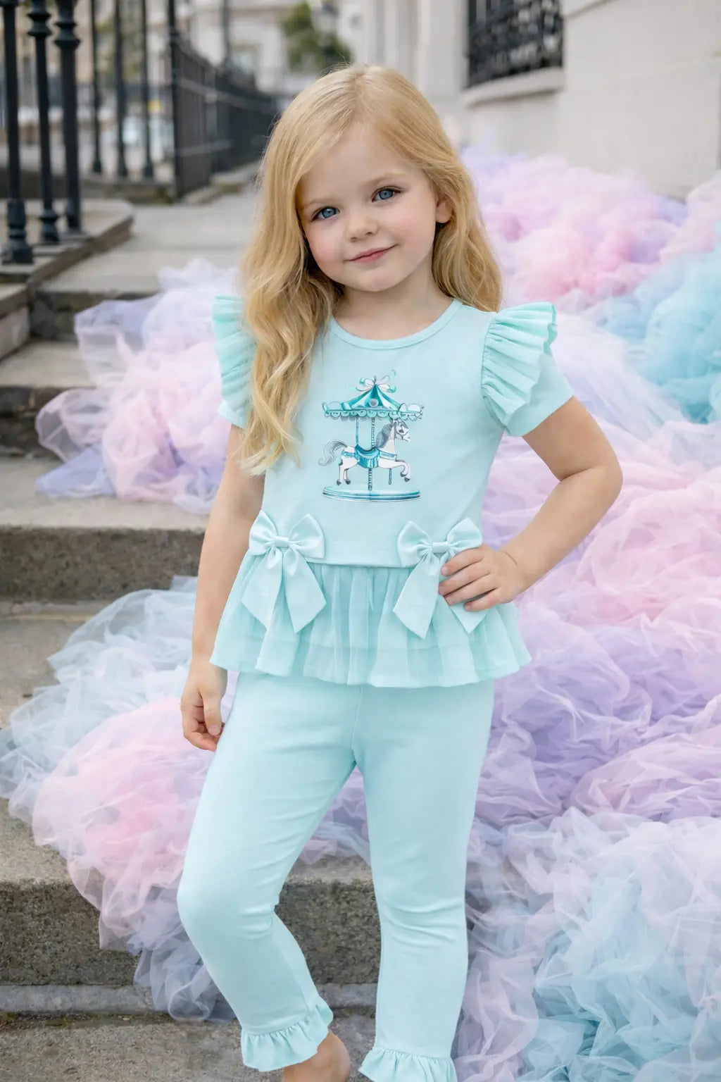 SS26 Girls Mint Tulle Carrousel T-Shirt & Legging Set Dainty Delilah