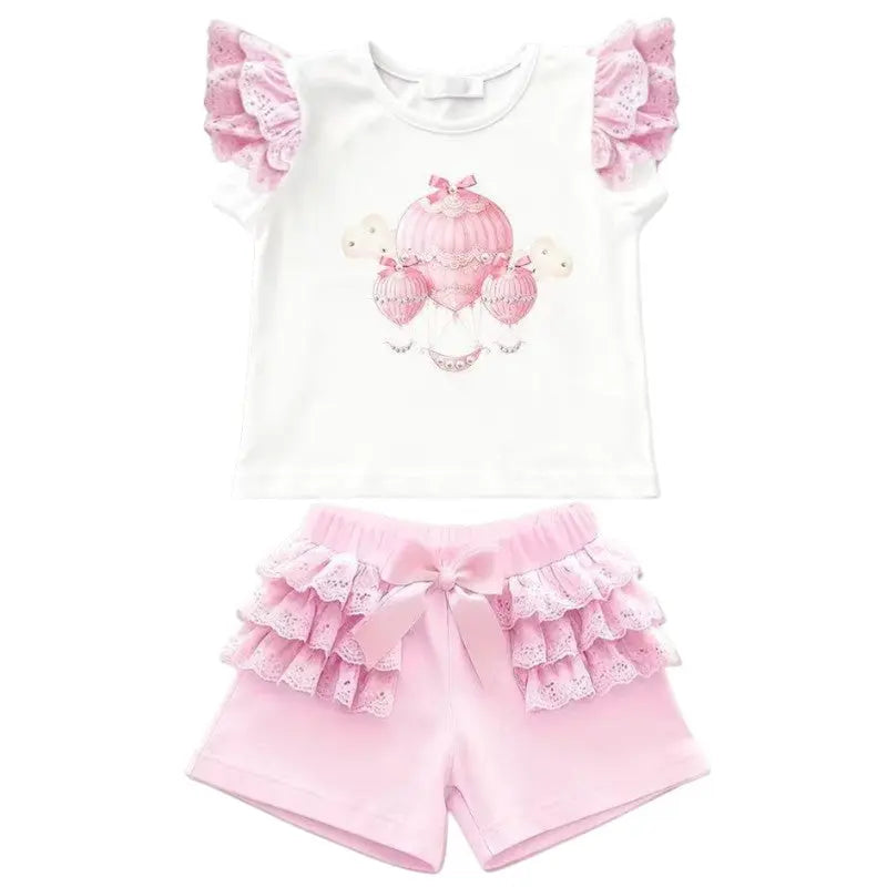 SS26 Girls Pink Air Balloon Summer T-Shirt & Short Set Dainty Delilah