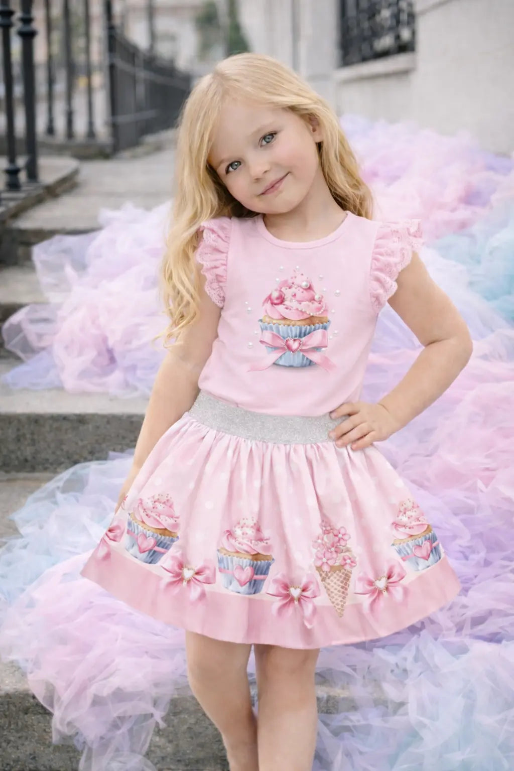 SS26 Girls Pink Cupcake T-Shirt & Skirt Set Dainty Delilah