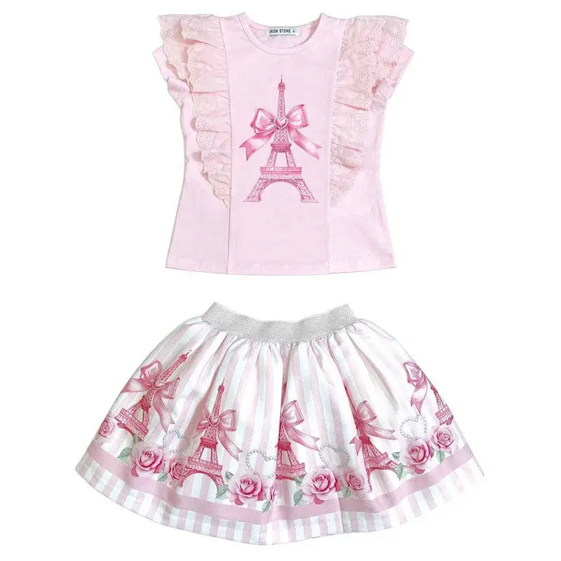 SS26 Girls Pink Paris T-Shirt & Skirt Set Dainty Delilah