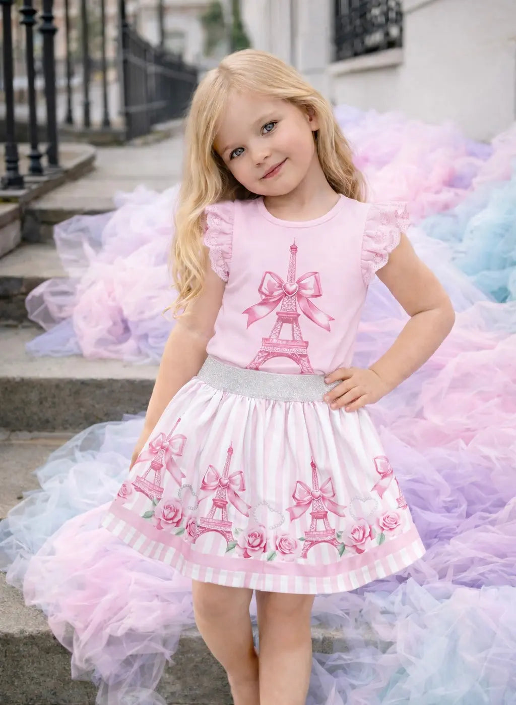 SS26 Girls Pink Paris T-Shirt & Skirt Set Dainty Delilah