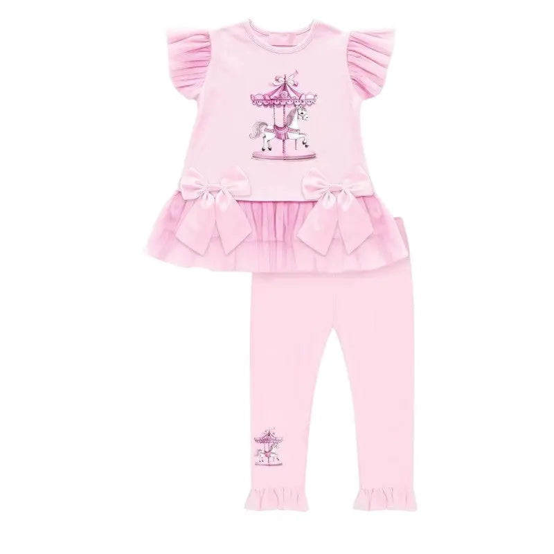 SS26 Girls Pink Tulle Carrousel T-Shirt & Legging Set Dainty Delilah