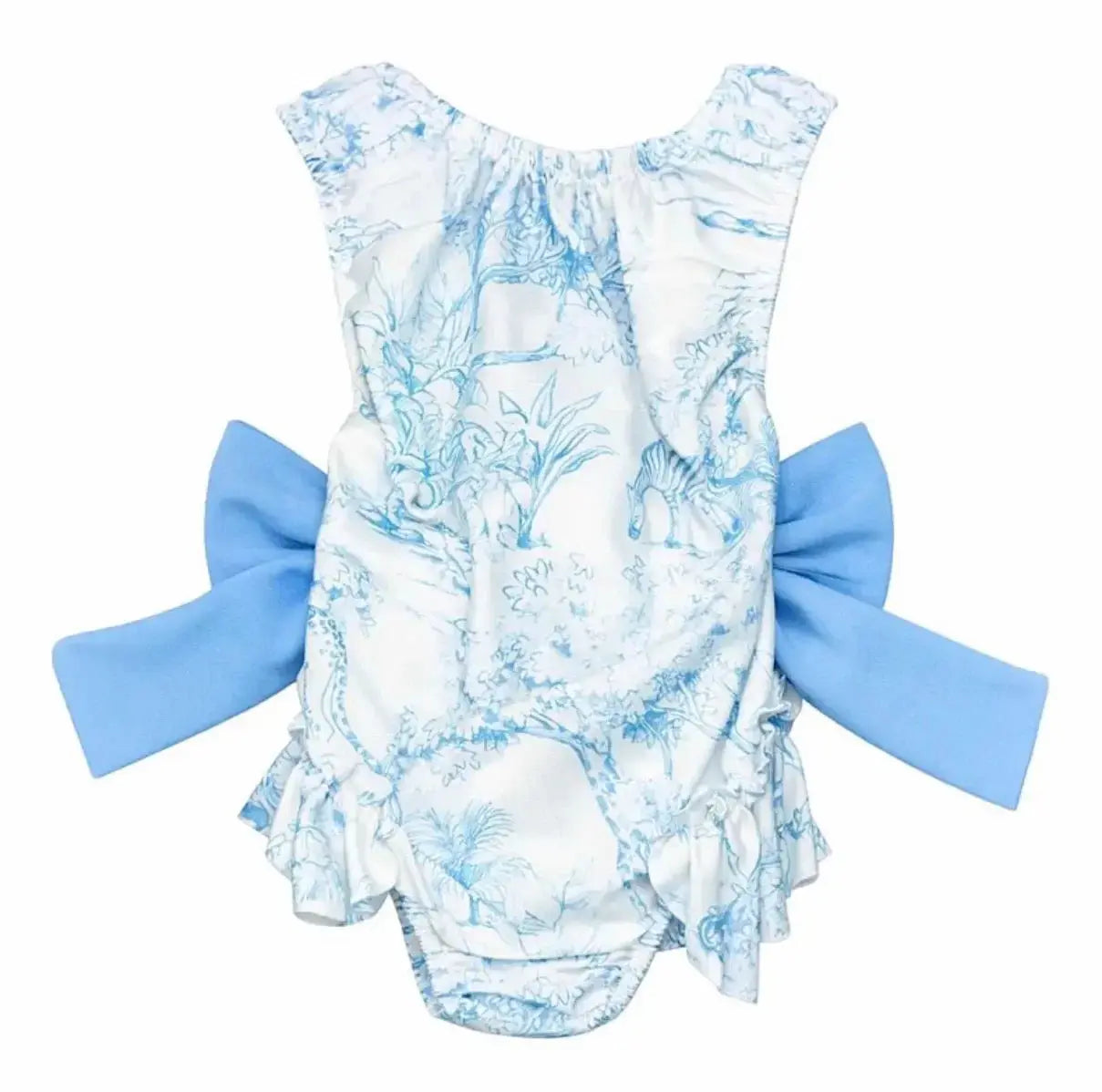 Girls Summer Blue Toile Frilly Bow Swimming Costume Dainty Delilah