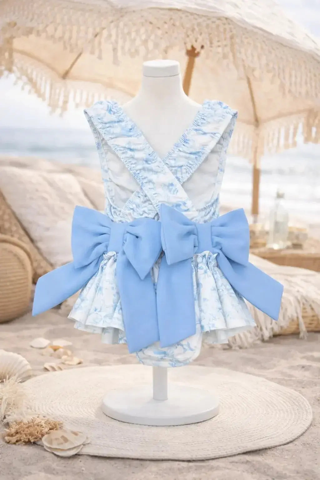 Girls Summer Blue Toile Frilly Bow Swimming Costume Dainty Delilah
