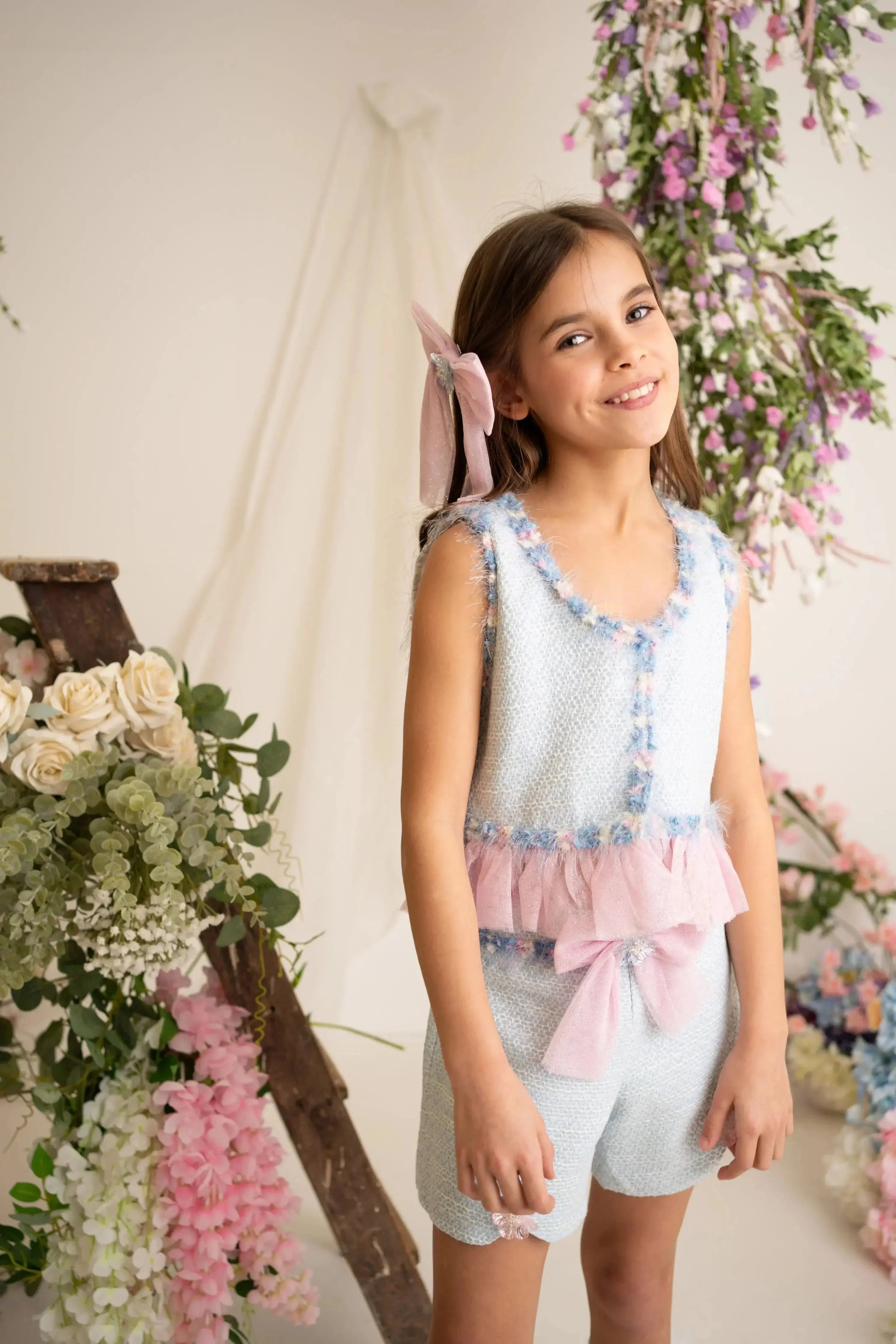 SS26 Naxos Girls Bubblegum Tweed Blouse & Short Set Naxos
