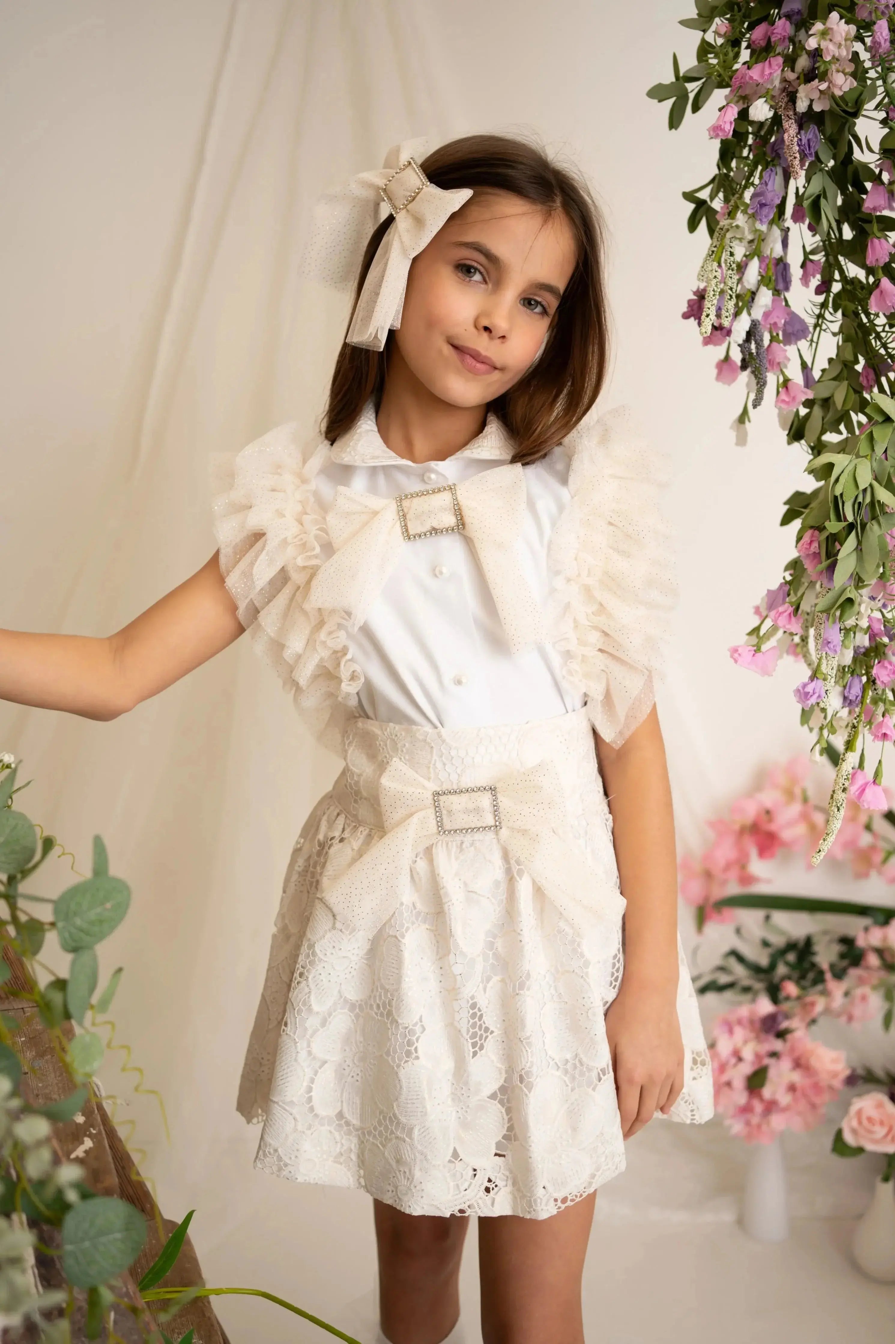 SS26 Naxos Girls Gold Glitter Lace Tulle Skirt Set Naxos