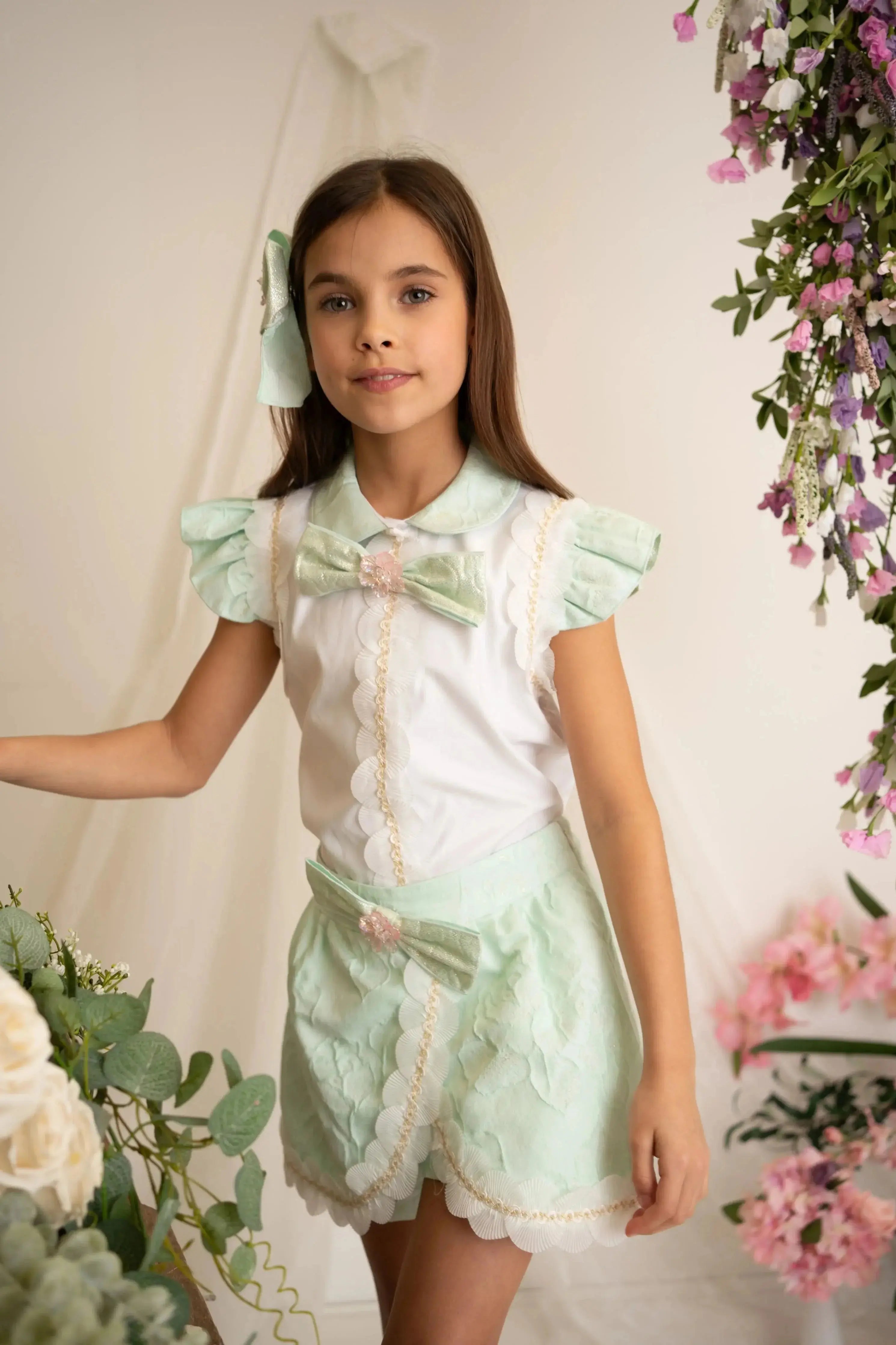 SS26 Naxos Girls Mint & Pink Shirt & Skort Set Naxos