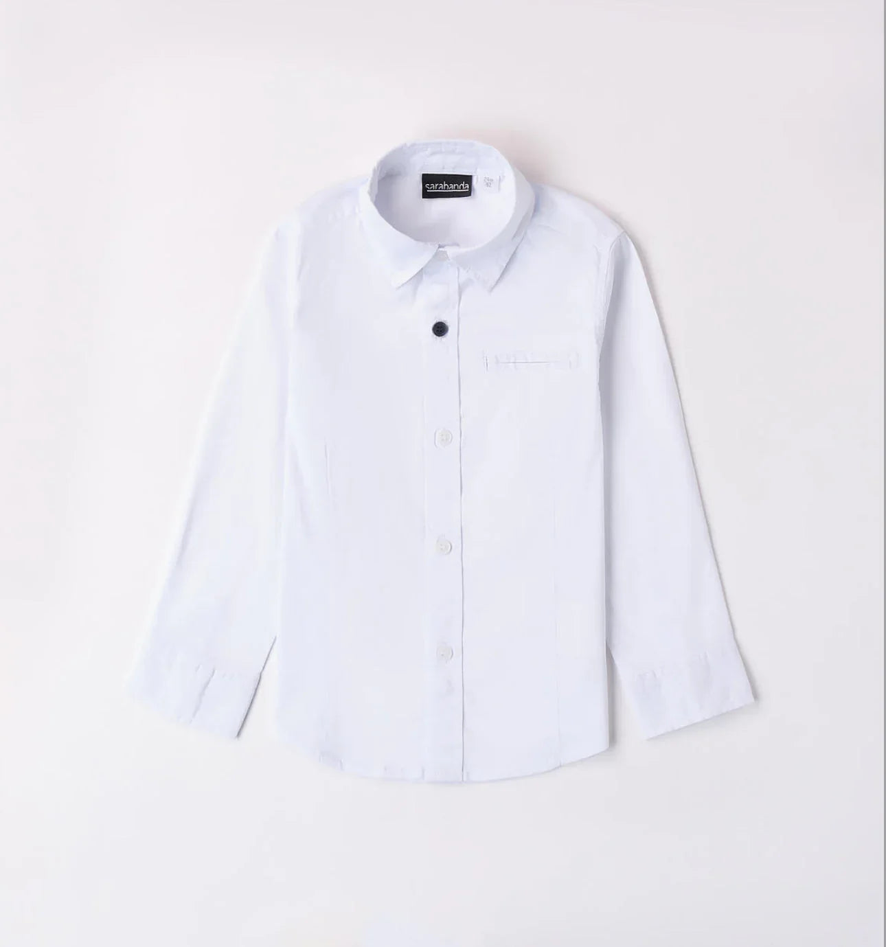 White long-sleeve children's button-up shirt with black top button and sarahanda label