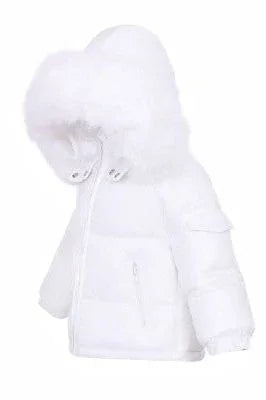 white kids winter coat with fluffy fur hood and front zipper pockets