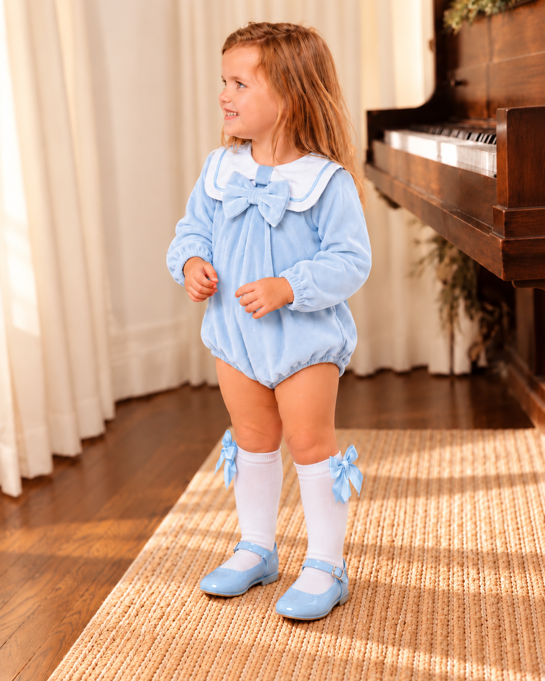 Little girl wearing a baby blue velour sailor collar bow romper with white knee-high socks and baby blue shoes beside a wooden piano.