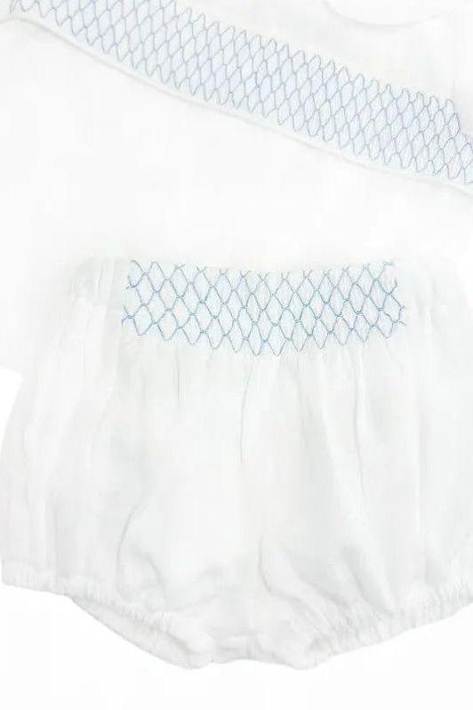 SS25 Baby Boys White/Blue Smock Shorts & Shirt Set Dainty Delilah