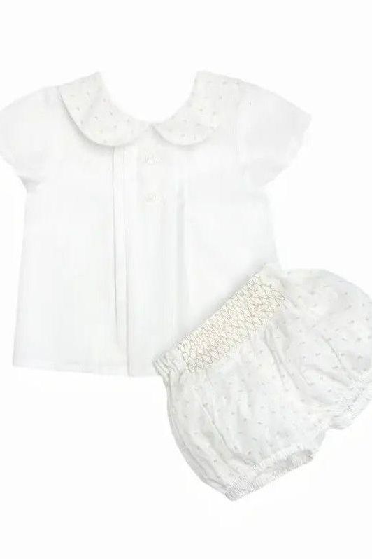 SS25 Baby Boys White/Sand Plumeti Shorts & Shirt Set Dainty Delilah