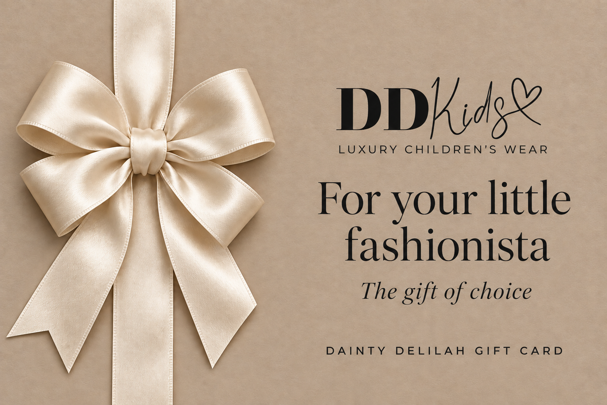 Dainty Delilah gift card with an ivory satin bow and gift box