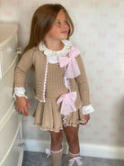 AW26 Rahigo EXCLUSIVE Camel & Pink Pinafore with Cardigan, Bow & Socks